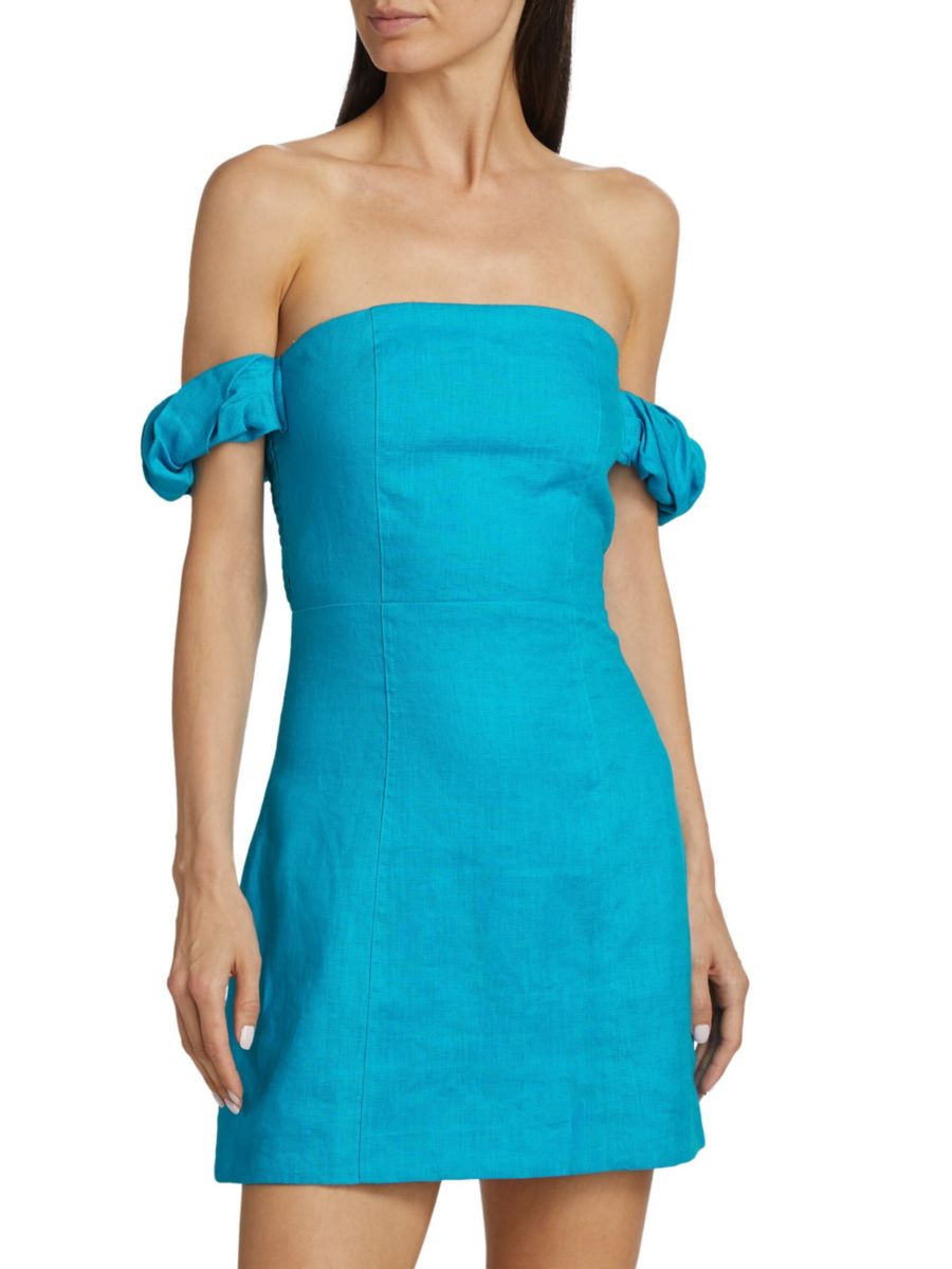 Мини-платье-сари с открытыми плечами из льна Hevron, цвет Azure 
Мини-платье-сари с открытыми плечами из льна Hevron, цвет Azure