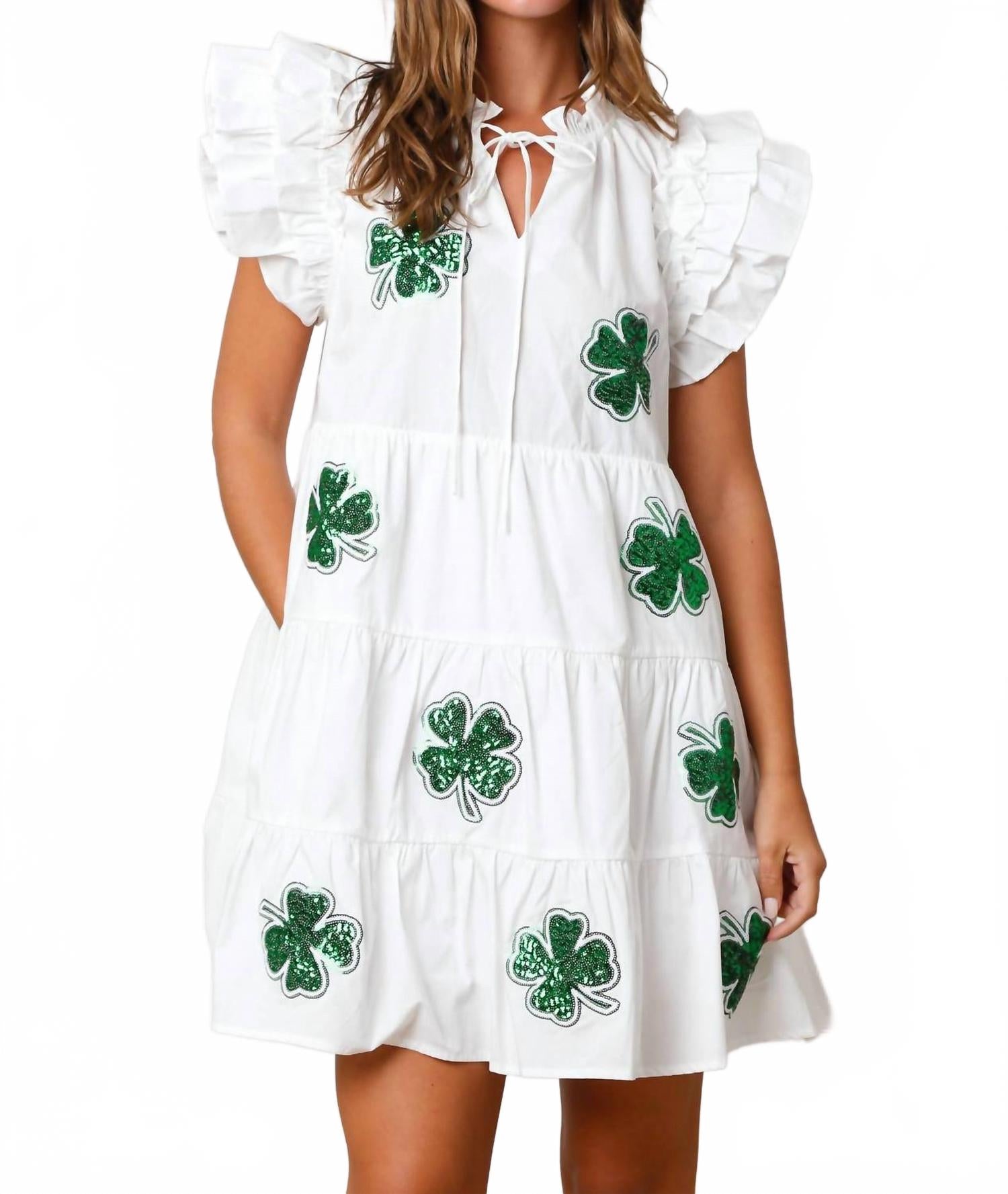 St. Patricks Sequin Clovers Shirt Dress In White Peach Love
St. Patricks Sequin Clovers Shirt Dress In White Peach Love