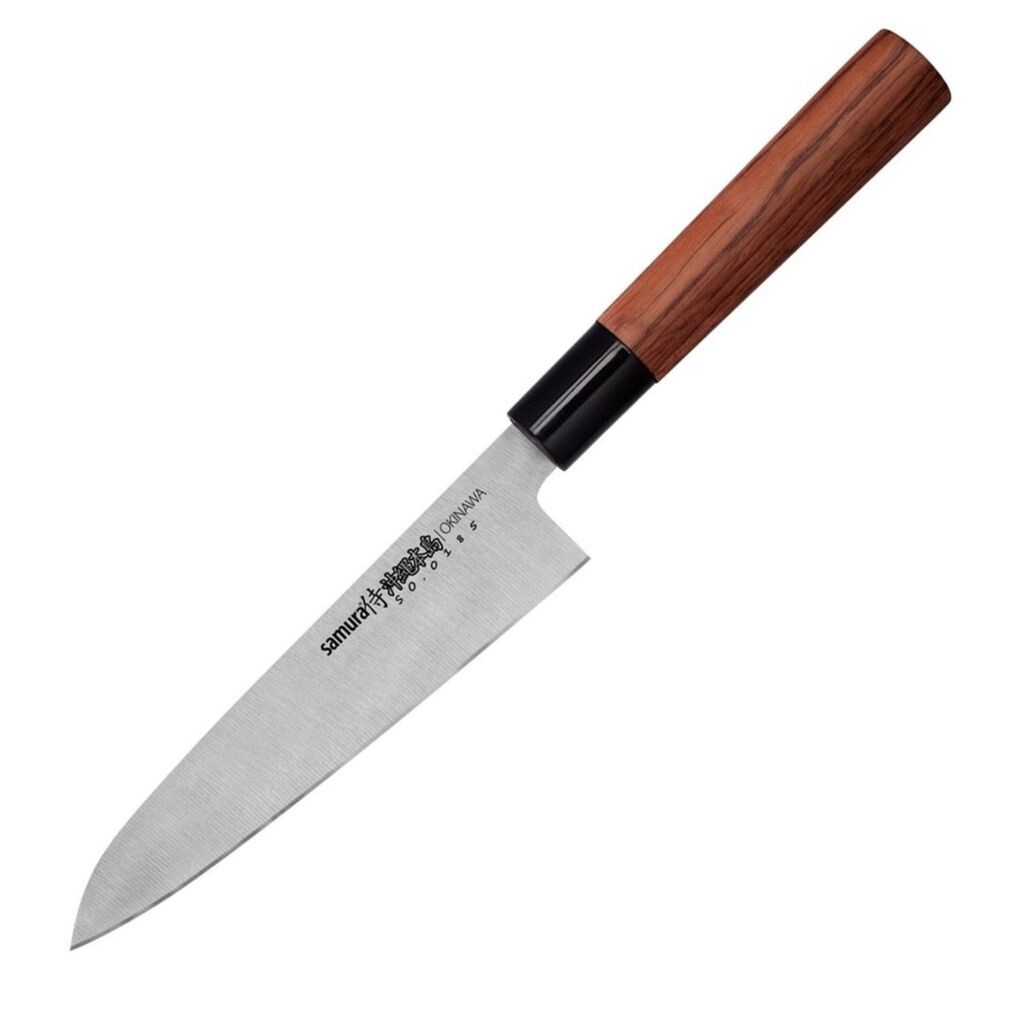 Samura OKINAWA Gyuto, сталь AUS-8, нержавеющая сталь 58-59 HRC, шлифованная с двух сторон, ручка из палисандра
Samura OKINAWA Gyuto, сталь AUS-8, нержавеющая сталь 58-59 HRC, шлифованная с двух сторон, ручка из палисандра