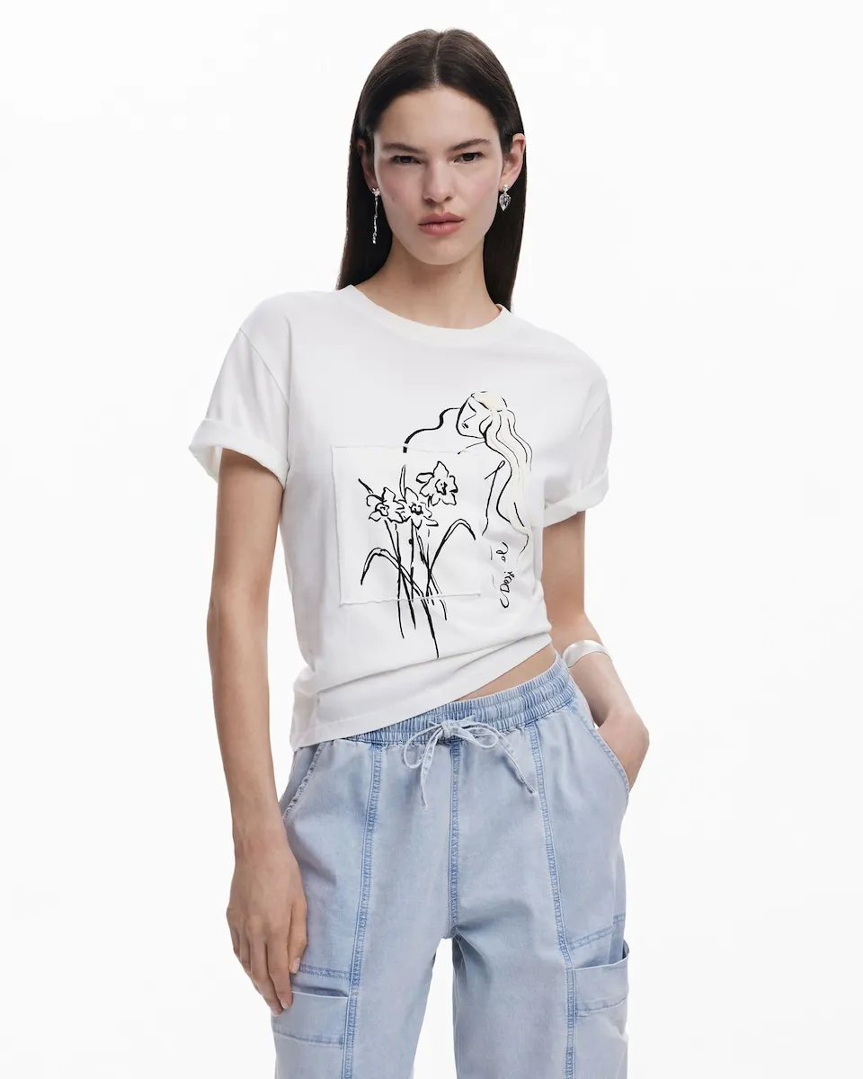 Женская футболка с цветочным женским силуэтом Desigual, белый 
Женская футболка с цветочным женским силуэтом Desigual, белый