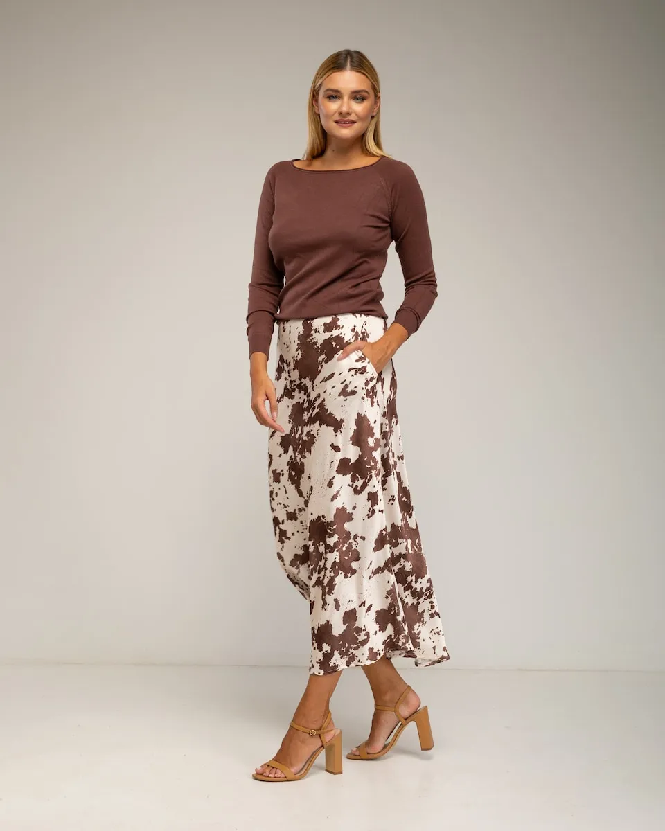 Юбка миди клеш из шелка с принтом в виде коровы Tantra, коричневый
Юбка миди клеш из шелка с принтом в виде коровы Tantra, коричневый