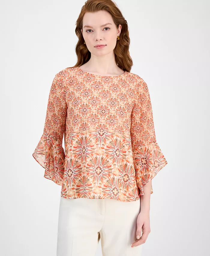 Женская блузка с принтом, лодочкой и рукавами-рюшами, размеры Regular и Petite Kasper, белый 
Женская блузка с принтом, лодочкой и рукавами-рюшами, размеры Regular и Petite Kasper, белый