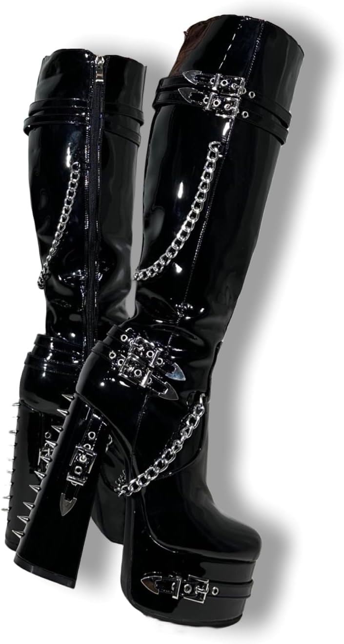 Ботильоны Frankie Hsu Gothic Sexy Chunky на платформе до колена с каблуком, черные лаковые с серебряными заклепками-цепочками, готические, панк Y2K, горячие большие размеры, широкие голенища, длинная обувь для женщин и мужчин
Ботильоны Frankie Hsu Gothic Sexy Chunky на платформе до колена с каблуком, черные лаковые с серебряными заклепками-цепочками, готические, панк Y2K, горячие большие размеры, широкие голенища, длинная обувь для женщин и мужчин