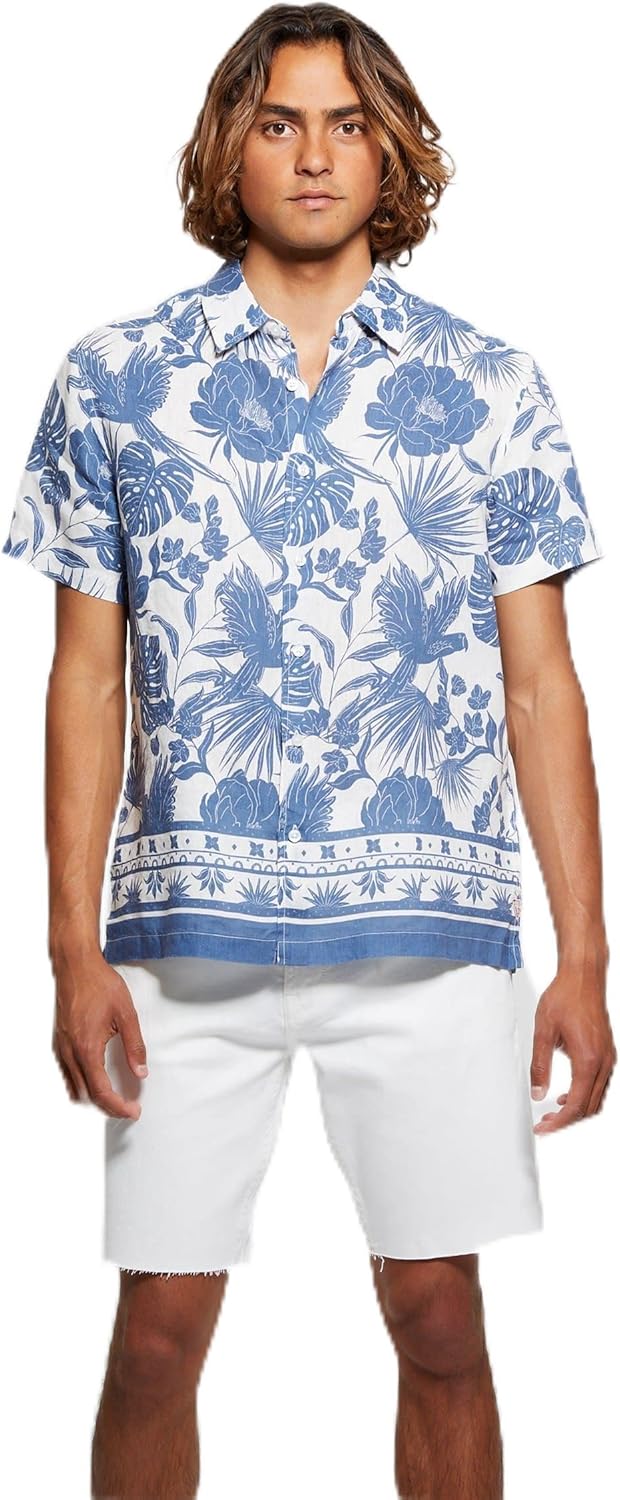 Мужская рубашка GUESS Eco Island с каймой из льна, Tropical Linocut Pennant Blue
Мужская рубашка GUESS Eco Island с каймой из льна, Tropical Linocut Pennant Blue