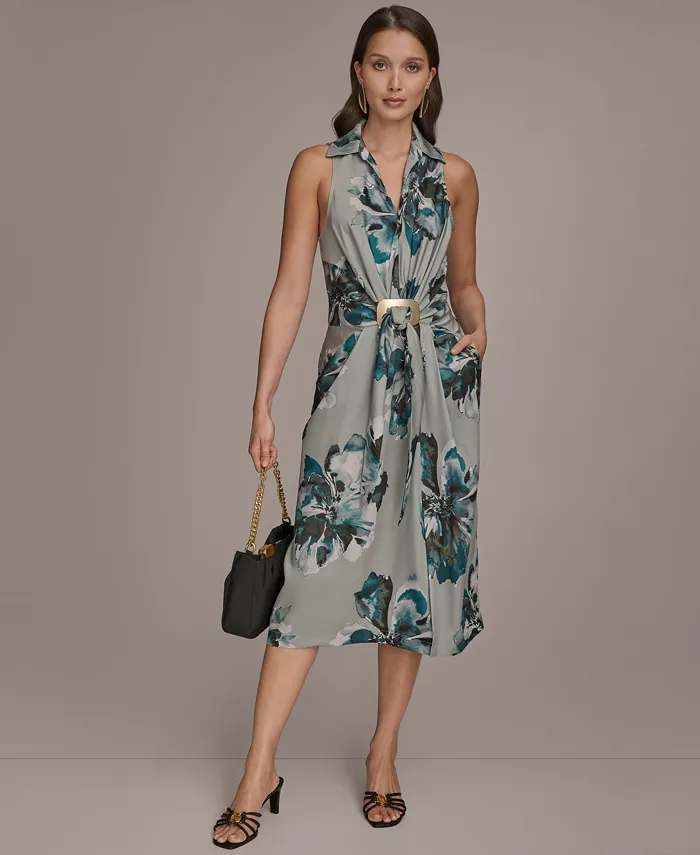 Женское платье без рукавов с принтом и V-образным вырезом Donna Karan New York, зеленый 
Женское платье без рукавов с принтом и V-образным вырезом Donna Karan New York, зеленый