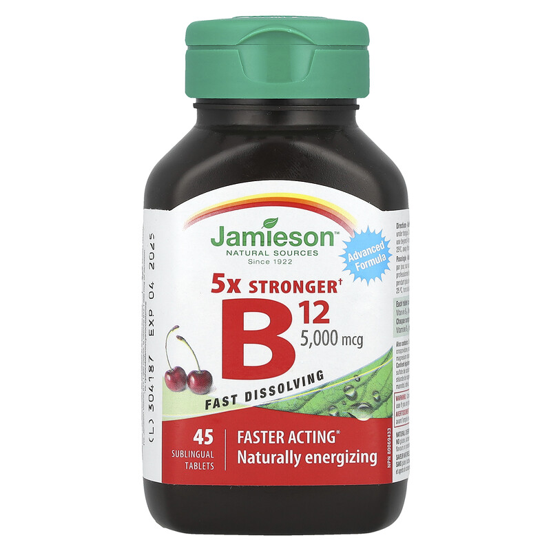 Jamieson Vitamins, 5X Stronger Vitamin B12, натуральная вишня, 5000 мкг, 45 сублингвальных таблеток
Jamieson Vitamins, 5X Stronger Vitamin B12, натуральная вишня, 5000 мкг, 45 сублингвальных таблеток