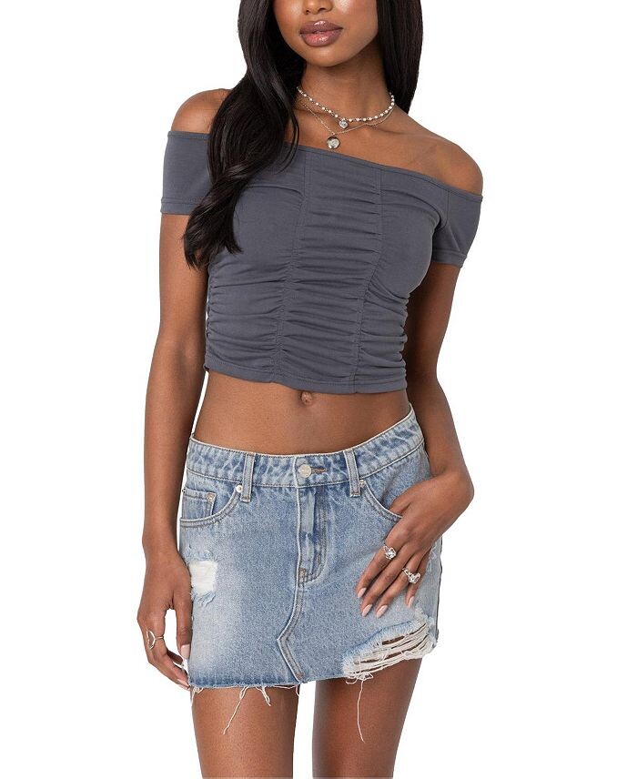 Топ Edikted с открытыми плечами и тройными рюшами, серый
Топ Edikted с открытыми плечами и тройными рюшами, серый