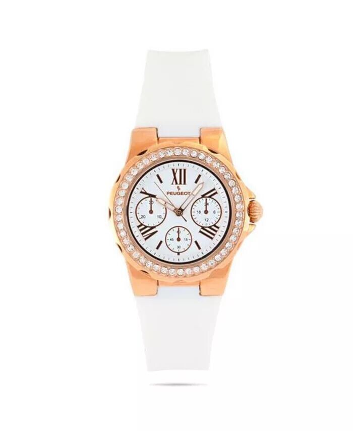 Женские наручные часы из розового золота с хрустальным безелем и силиконовым резиновым ремешком Peugeot, белый 
Женские наручные часы из розового золота с хрустальным безелем и силиконовым резиновым ремешком Peugeot, белый