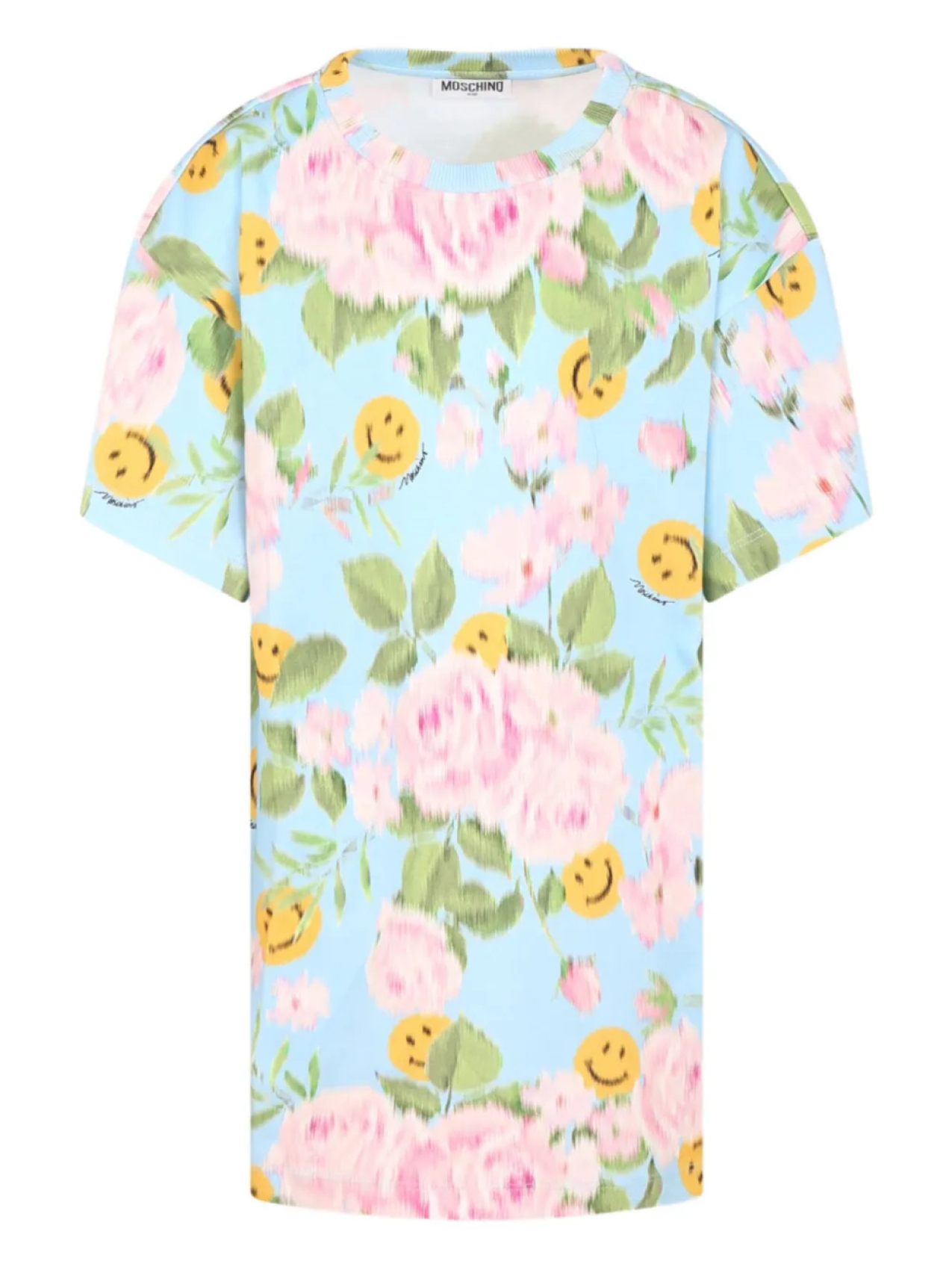 Платье с цветочным принтом и смайликами Moschino Kids, синий 
Платье с цветочным принтом и смайликами Moschino Kids, синий