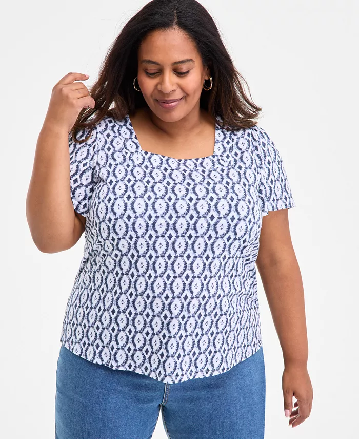 Плюс сайз топ с принтом и квадратным вырезом, короткий рукав Style & Co, синий 
Плюс сайз топ с принтом и квадратным вырезом, короткий рукав Style & Co, синий