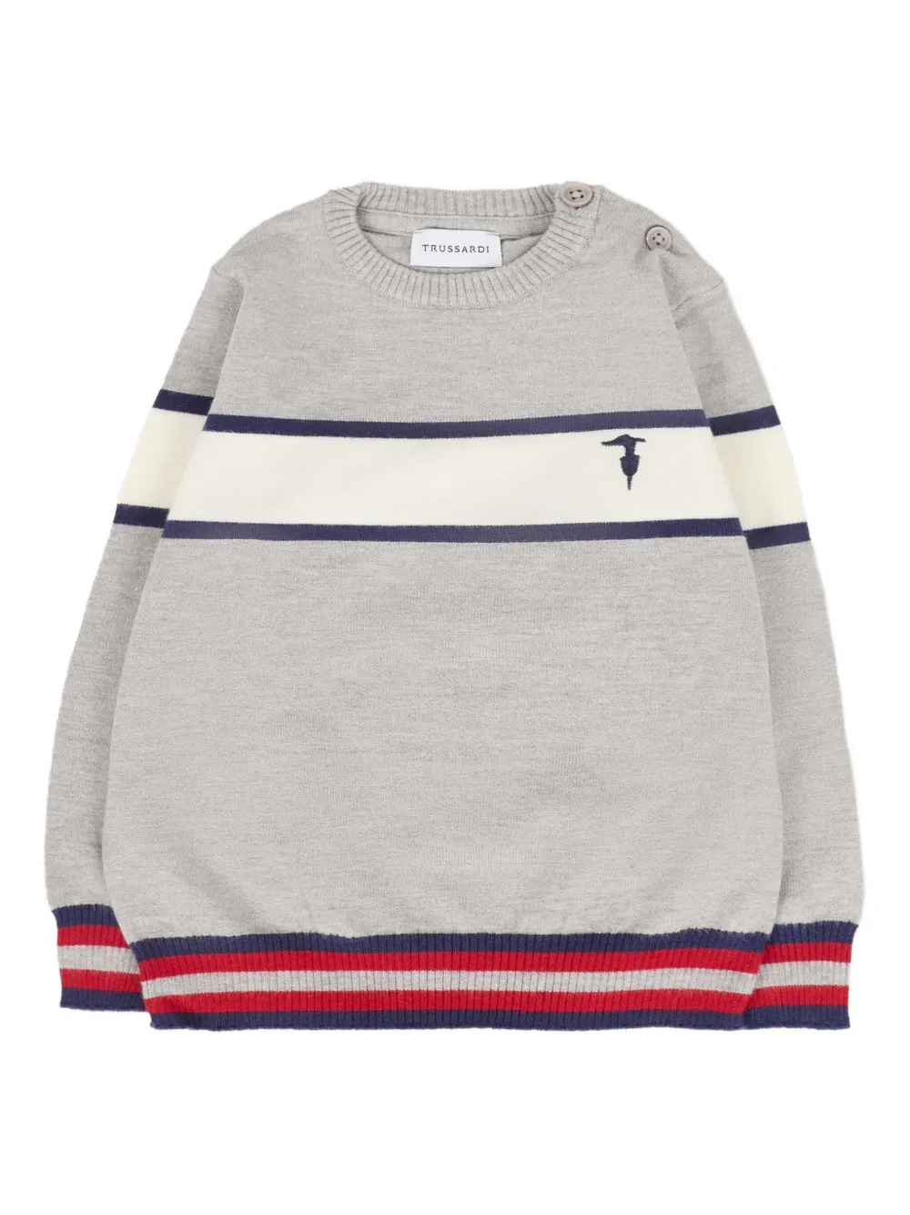 Свитер с круглым вырезом и полосатым декором TRUSSARDI JUNIOR, серый
Свитер с круглым вырезом и полосатым декором TRUSSARDI JUNIOR, серый