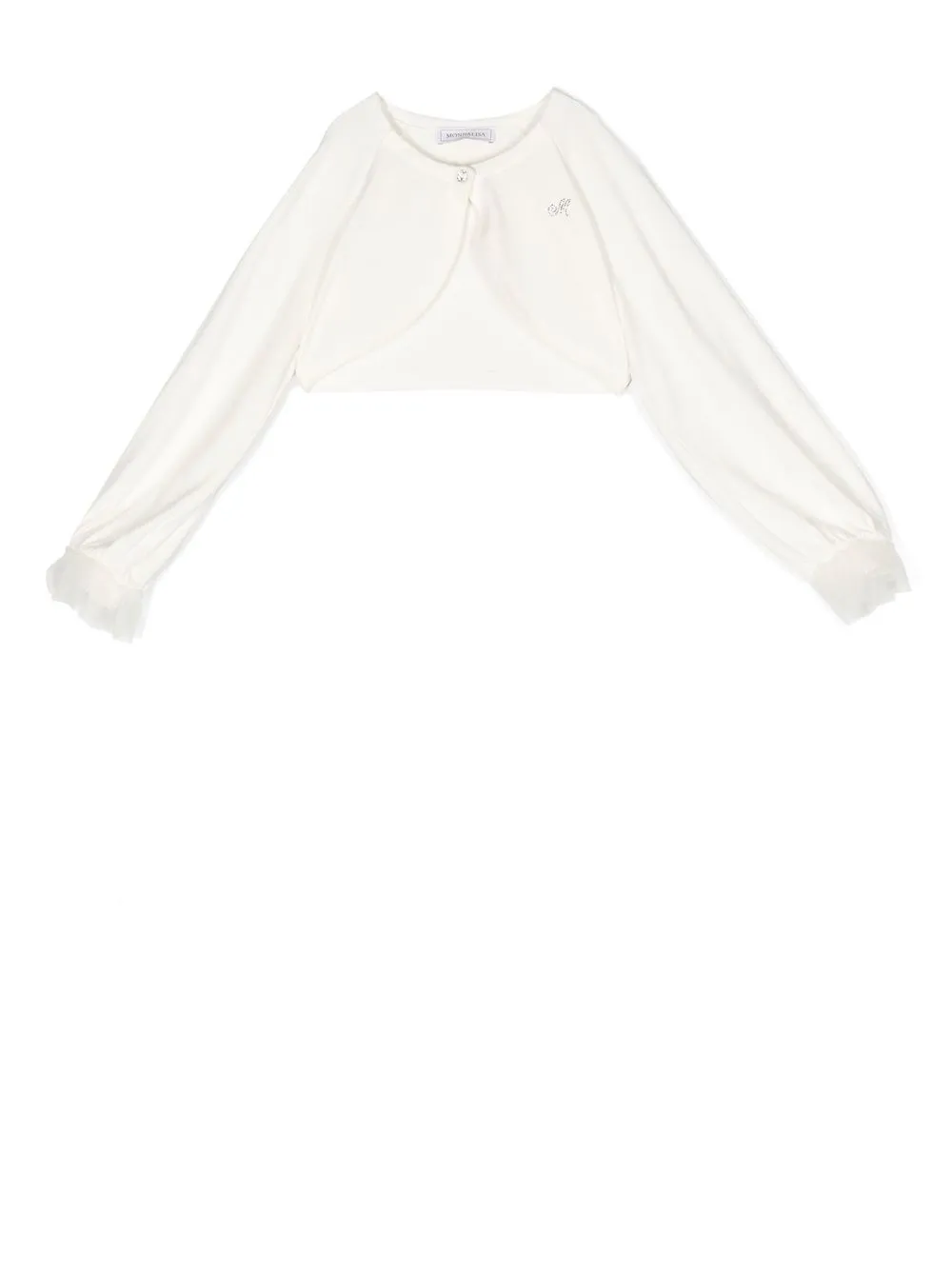 Укороченный кардиган с манжетами из тюля и отделкой Monnalisa, белый
Укороченный кардиган с манжетами из тюля и отделкой Monnalisa, белый