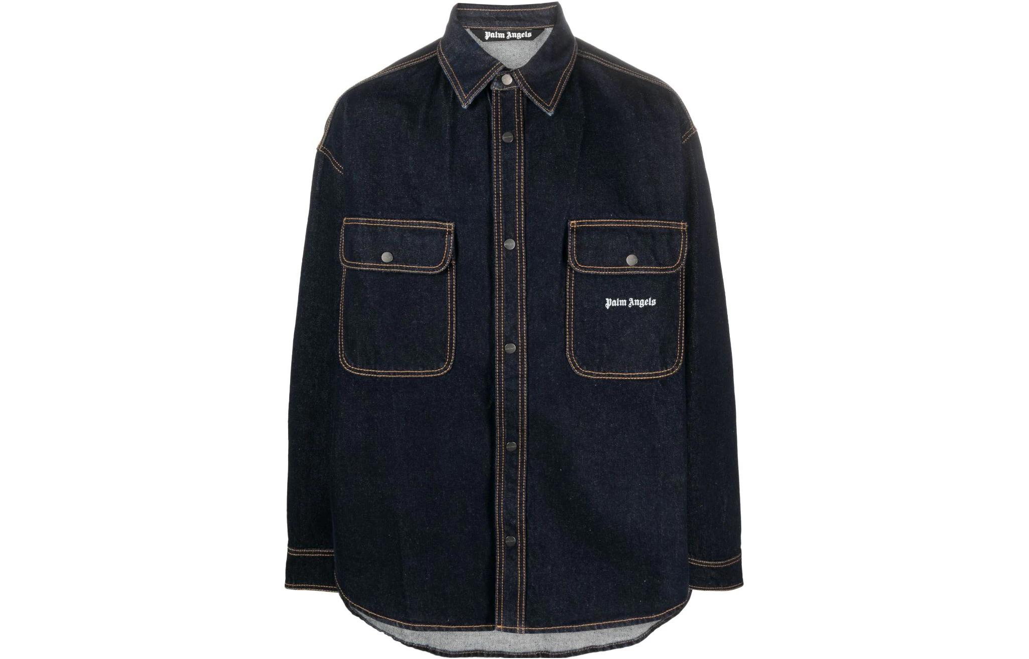 Джинсовая рубашка с вышитым логотипом PALM ANGELS, морской синий 
Джинсовая рубашка с вышитым логотипом PALM ANGELS, морской синий
