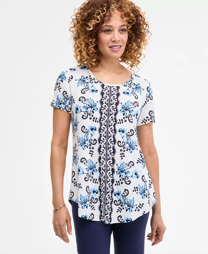 Женский топ с коротким рукавом и круглым вырезом, принт JM Collection, синий
Женский топ с коротким рукавом и круглым вырезом, принт JM Collection, синий