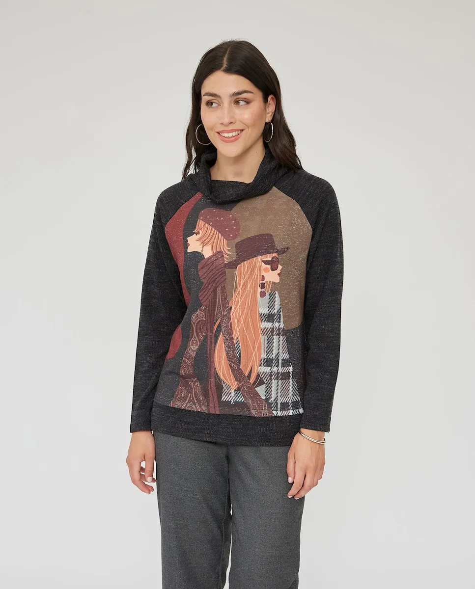 Женский свитер с высоким воротом с принтом девушки October, черный
Женский свитер с высоким воротом с принтом девушки October, черный