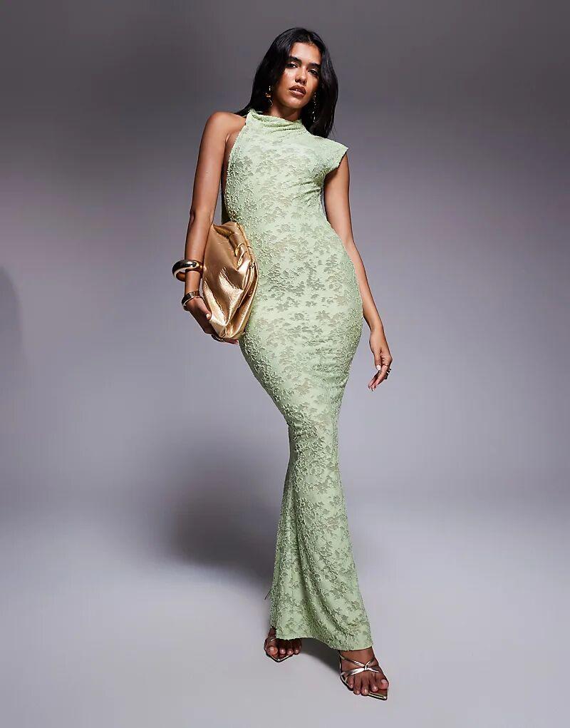 Длинное платье ASOS DESIGN Devore с завязкой на шее зеленого цвета