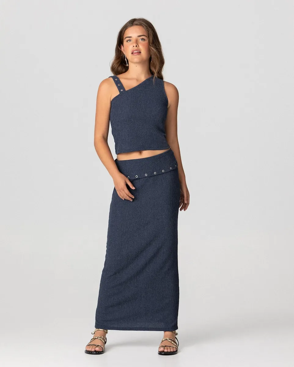 Длинная эластичная юбка с золотыми деталями Noon, синий
Длинная эластичная юбка с золотыми деталями Noon, синий