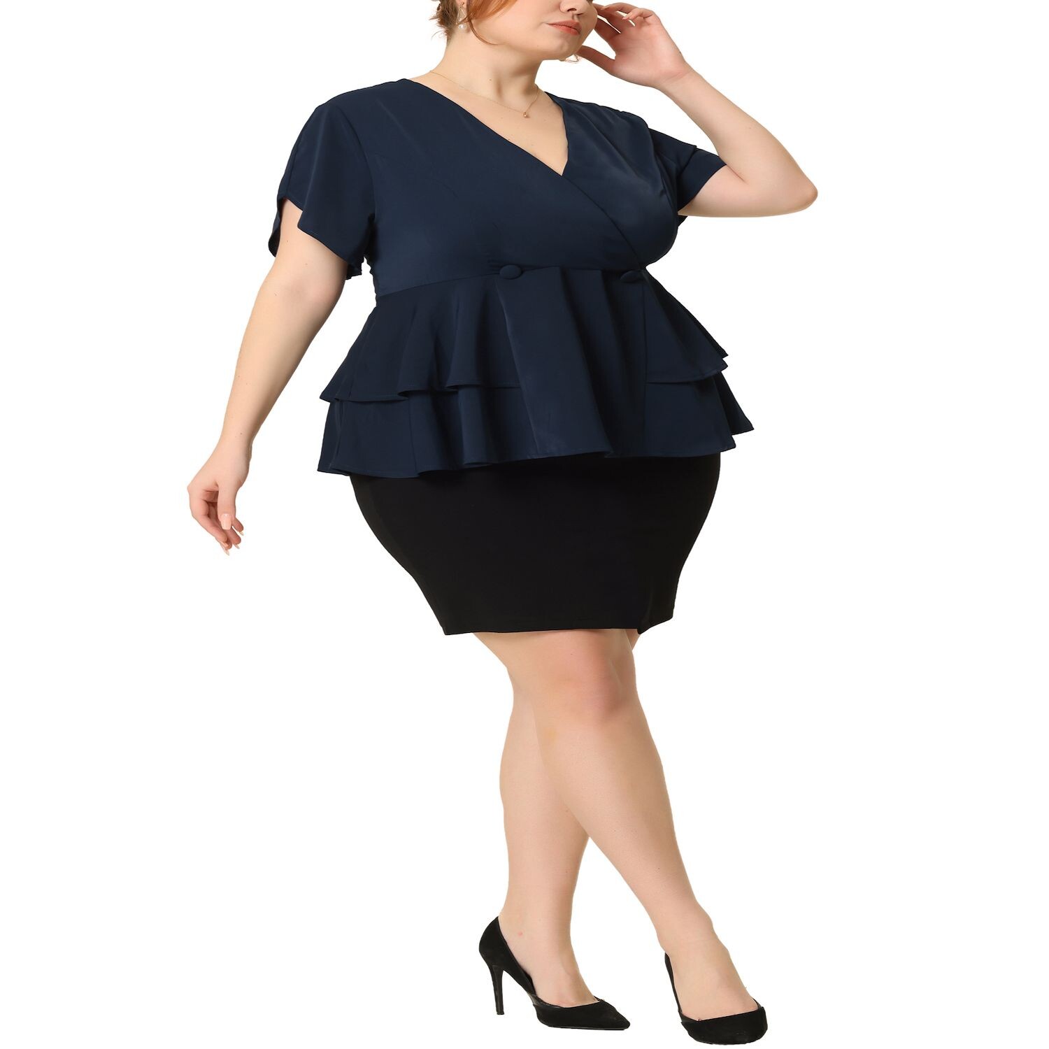 Женский топ с баской больших размеров для работы, пиджак с v-образным вырезом и рюшами на подоле, пуговицы спереди, топ Agnes Orinda
Женский топ с баской больших размеров для работы, пиджак с v-образным вырезом и рюшами на подоле, пуговицы спереди, топ Agnes Orinda