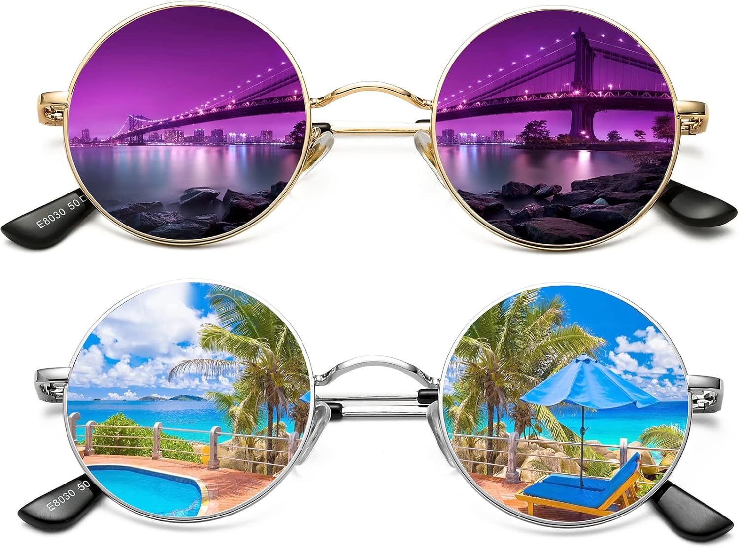 Солнцезащитные очки AIEYEZO в стиле ретро, круглые, для мужчин и женщин, поляризованные, модные винтажные, маленькие круглые, 2 Pack (Gold/Purple Mirrored + Silver/Blue Mirrored)
Солнцезащитные очки AIEYEZO в стиле ретро, круглые, для мужчин и женщин, поляризованные, модные винтажные, маленькие круглые, 2 Pack (Gold/Purple Mirrored + Silver/Blue Mirrored)