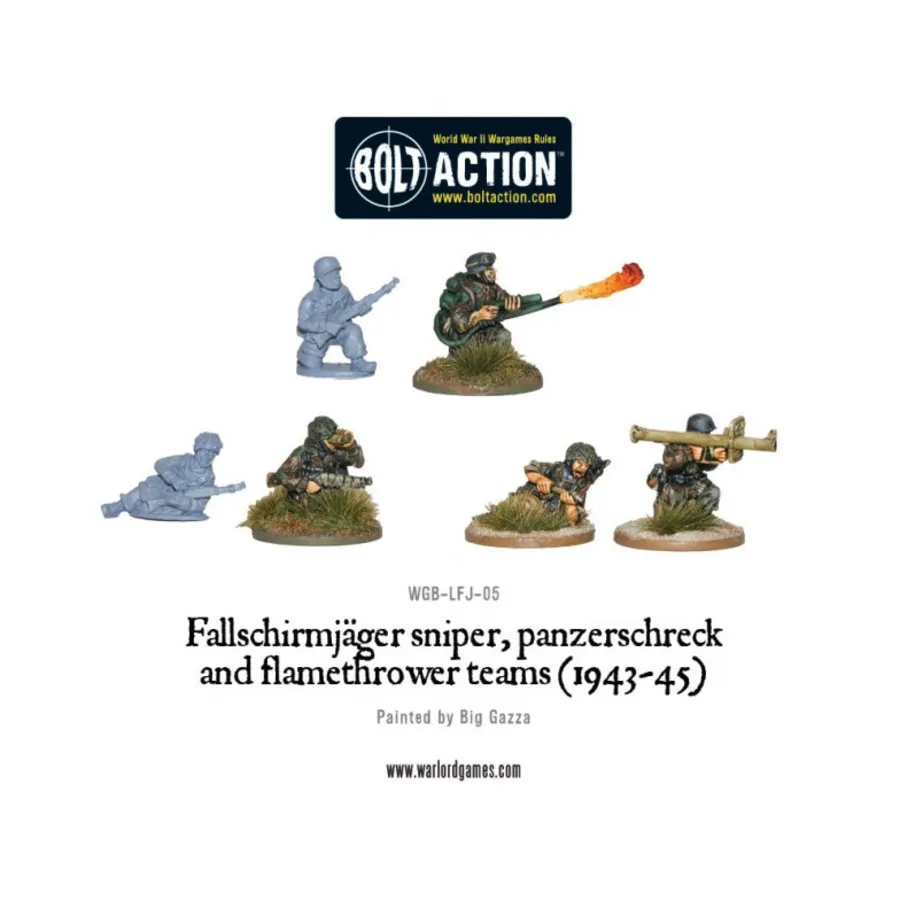 Fallschirmjager снайпер, огнеметчик, команды Panzerschreck (1943-45), Bolt Action - German - Fallschirmjager (28mm)
Fallschirmjager снайпер, огнеметчик, команды Panzerschreck (1943-45), Bolt Action - German - Fallschirmjager (28mm)