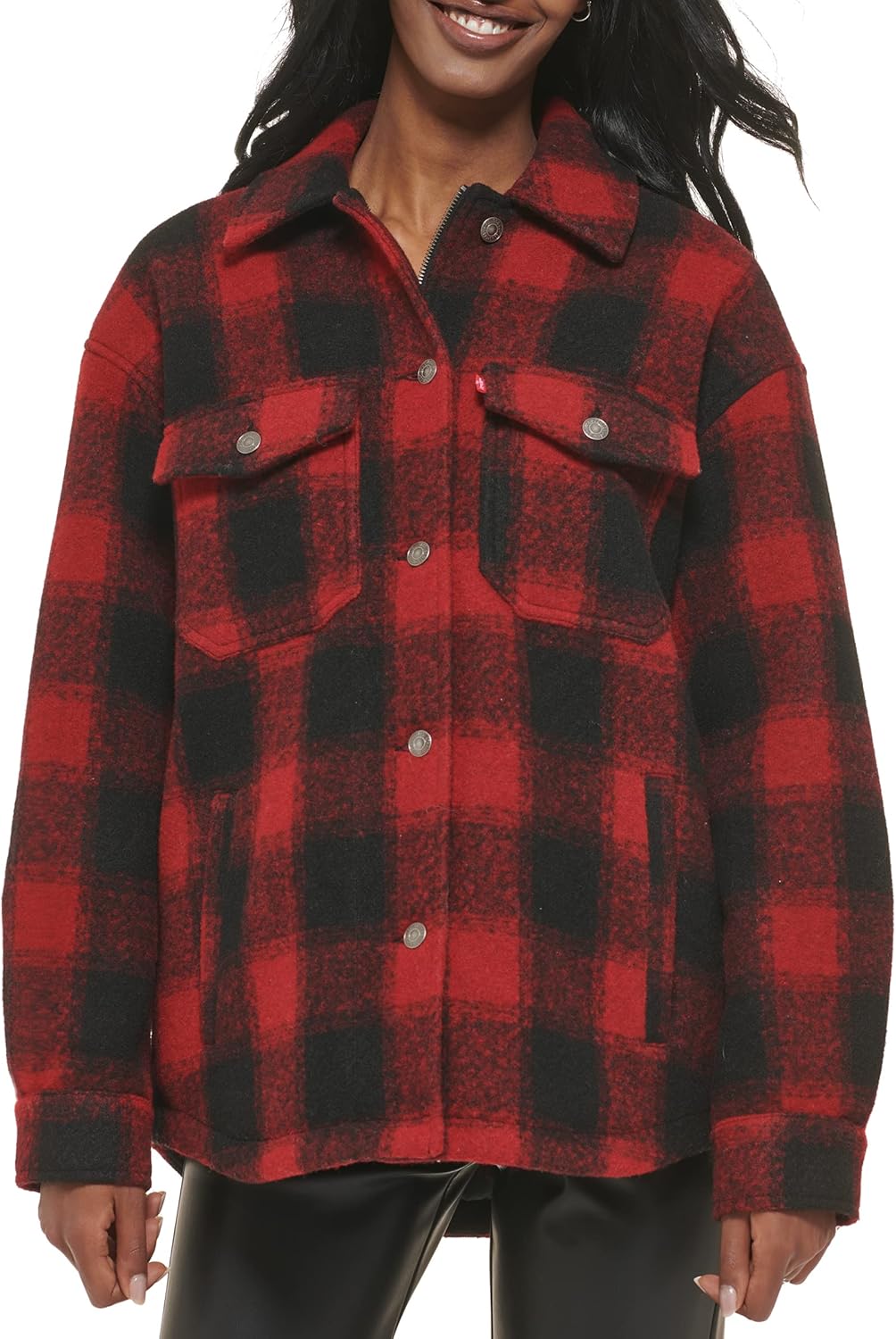 Женская куртка-рубашка Levi's из смесовой шерсти в клетку, красно-черный 
Женская куртка-рубашка Levi's из смесовой шерсти в клетку, красно-черный