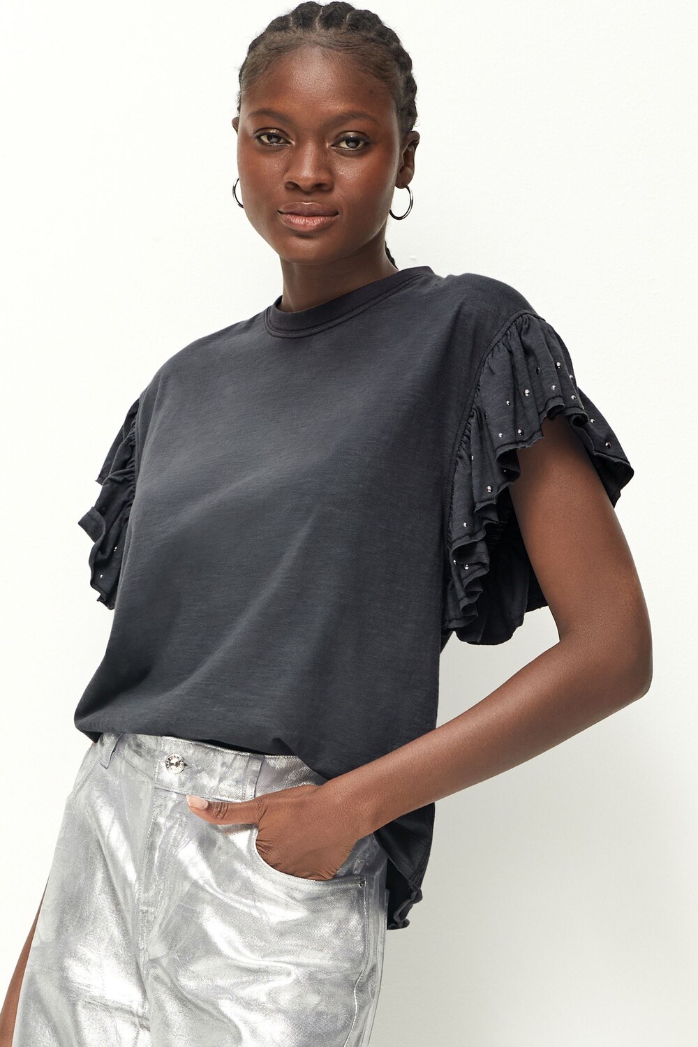 Блестящая футболка с заклепками и рюшами на рукавах Next, серый
Блестящая футболка с заклепками и рюшами на рукавах Next, серый