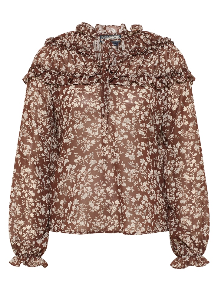 Женская блузка с воланами темно-коричневого и белого цветов DreiMaster Vintage
Женская блузка с воланами темно-коричневого и белого цветов DreiMaster Vintage