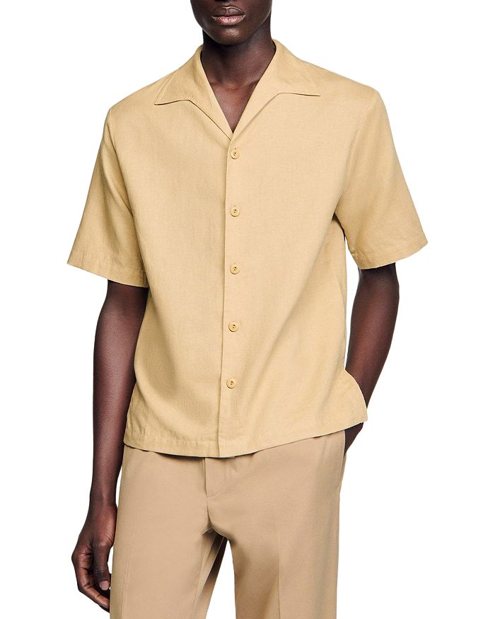 Хлопковая и льняная рубашка Sandro, коричневый/бежевый 
Хлопковая и льняная рубашка Sandro, коричневый/бежевый