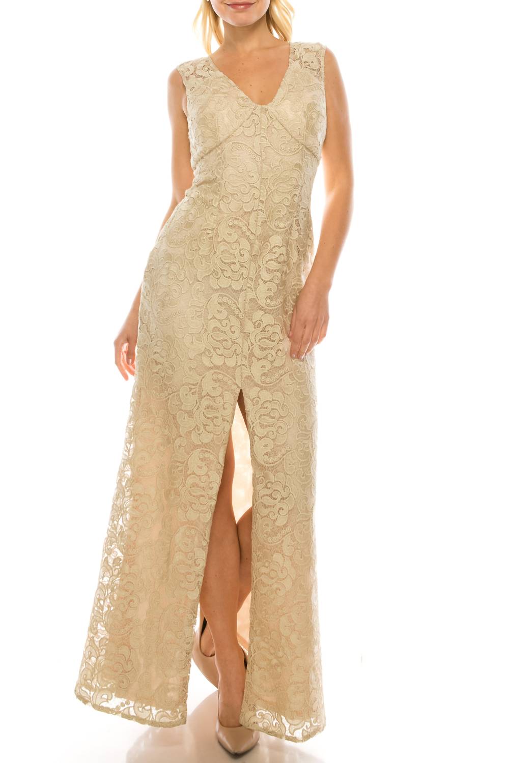 Вечернее платье-футляр с вышитым кружевом в шампань Aidan Mattox