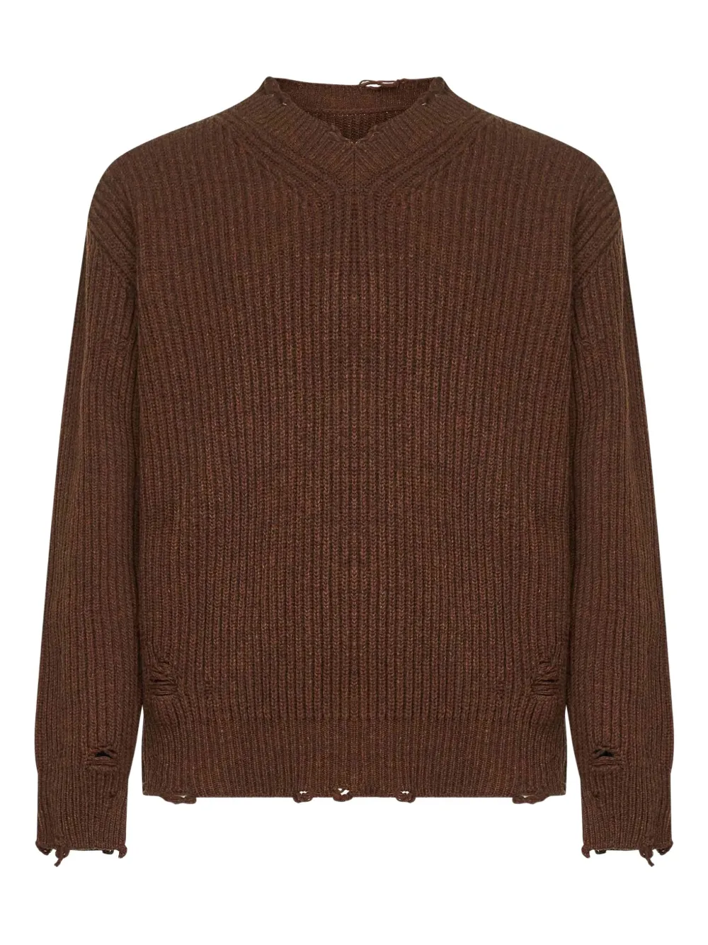 Ребристый свитер с V-образным вырезом и потертостями MM6 Maison Margiela, коричневый
Ребристый свитер с V-образным вырезом и потертостями MM6 Maison Margiela, коричневый