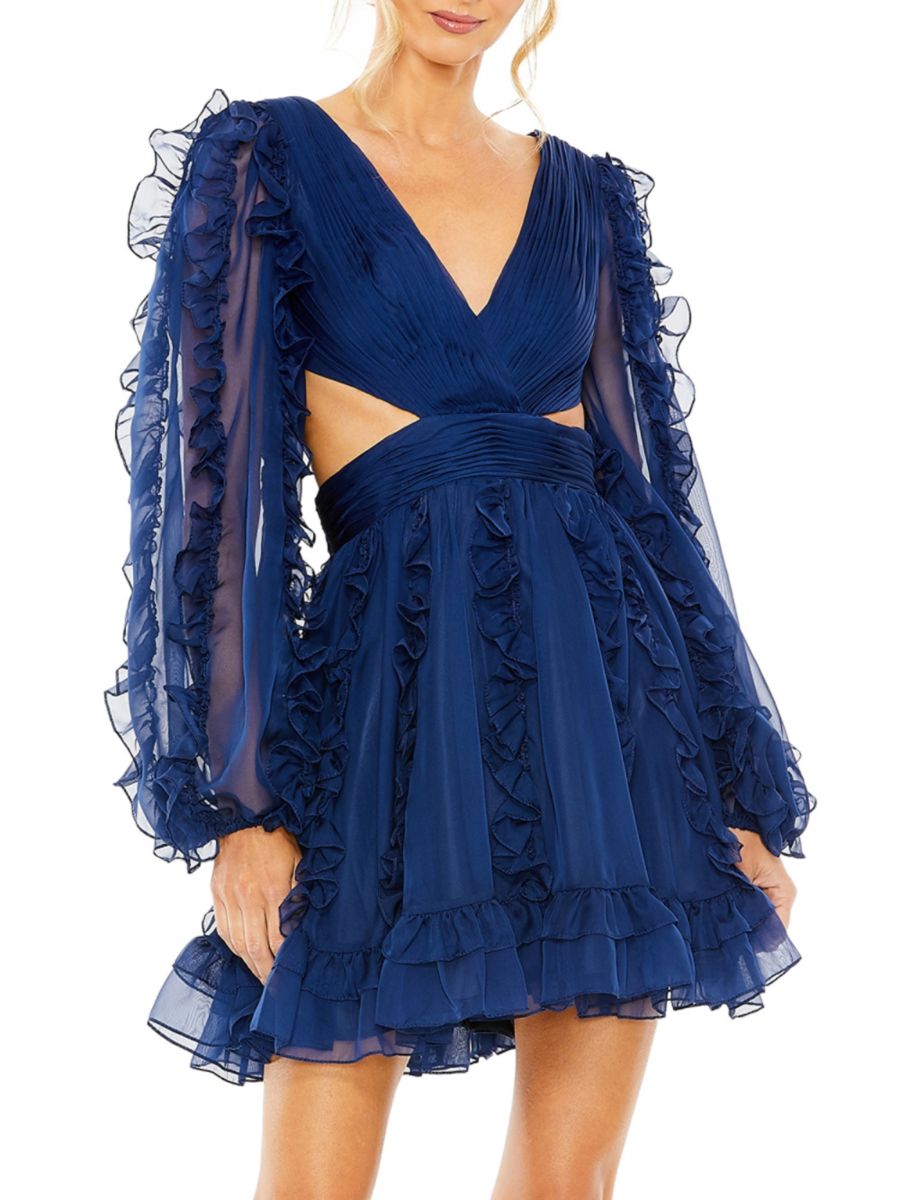 Мини-платье А-силуэта с вырезом и оборками Mac Duggal, индиго
Мини-платье А-силуэта с вырезом и оборками Mac Duggal, индиго