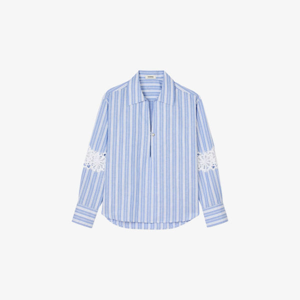 Рубашка Sandro с отделкой из кружева и добавлением льна полосатая хлопковая, синий
Рубашка Sandro с отделкой из кружева и добавлением льна полосатая хлопковая, синий