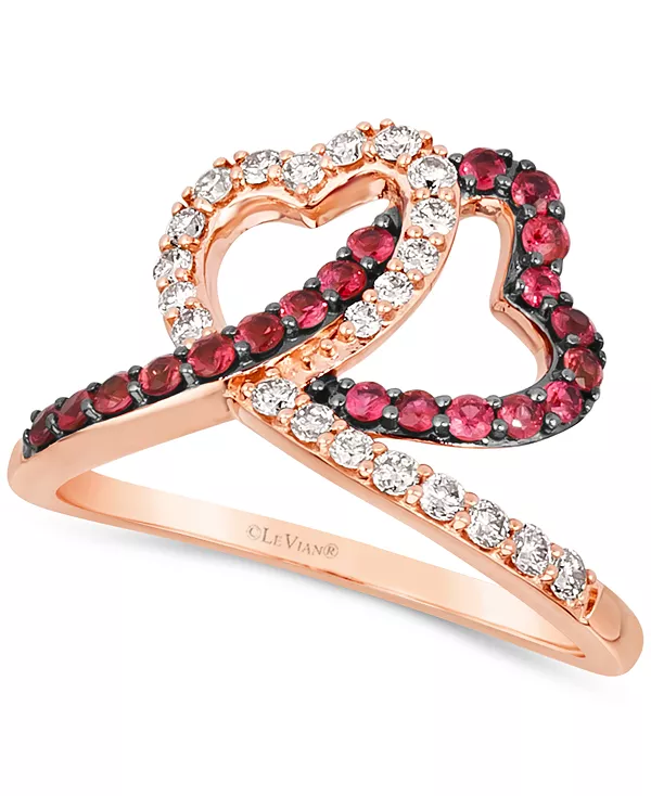 Кольцо в форме переплетенных сердец с рубином (3/8 карата) и бриллиантом (1/3 карата) из 14-каратного розового золота Le Vian, ruby