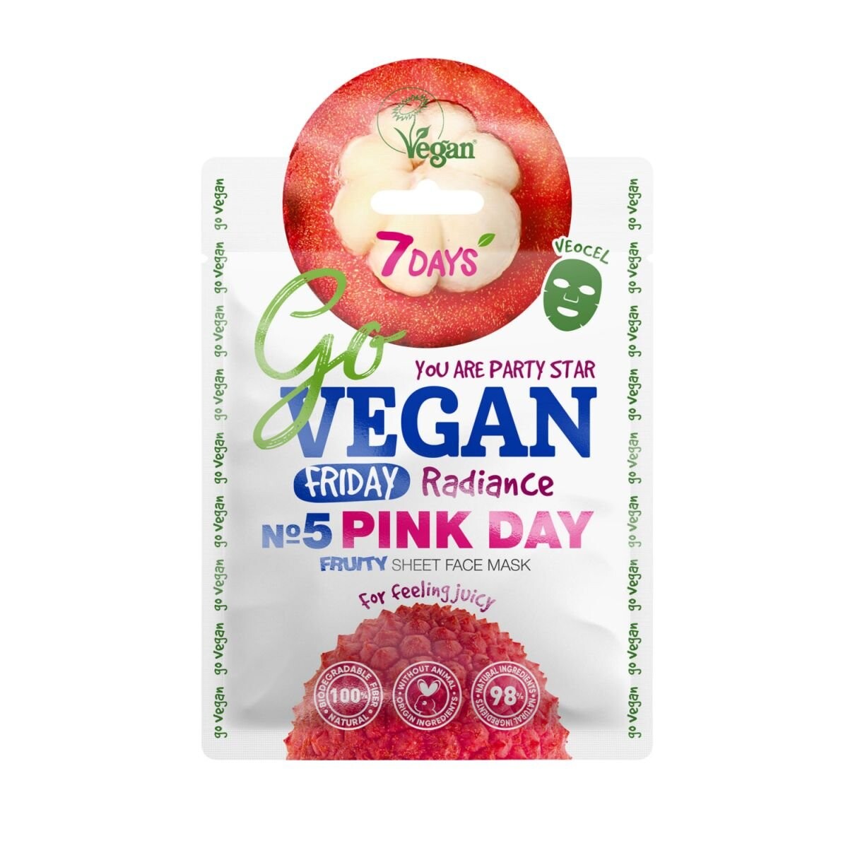 7Days, GoVegan, Friday PINK DAY сияющая и тонизирующая тканевая маска, гранат, личи скстаркл и сок папайи, 25 г
7Days, GoVegan, Friday PINK DAY сияющая и тонизирующая тканевая маска, гранат, личи скстаркл и сок папайи, 25 г