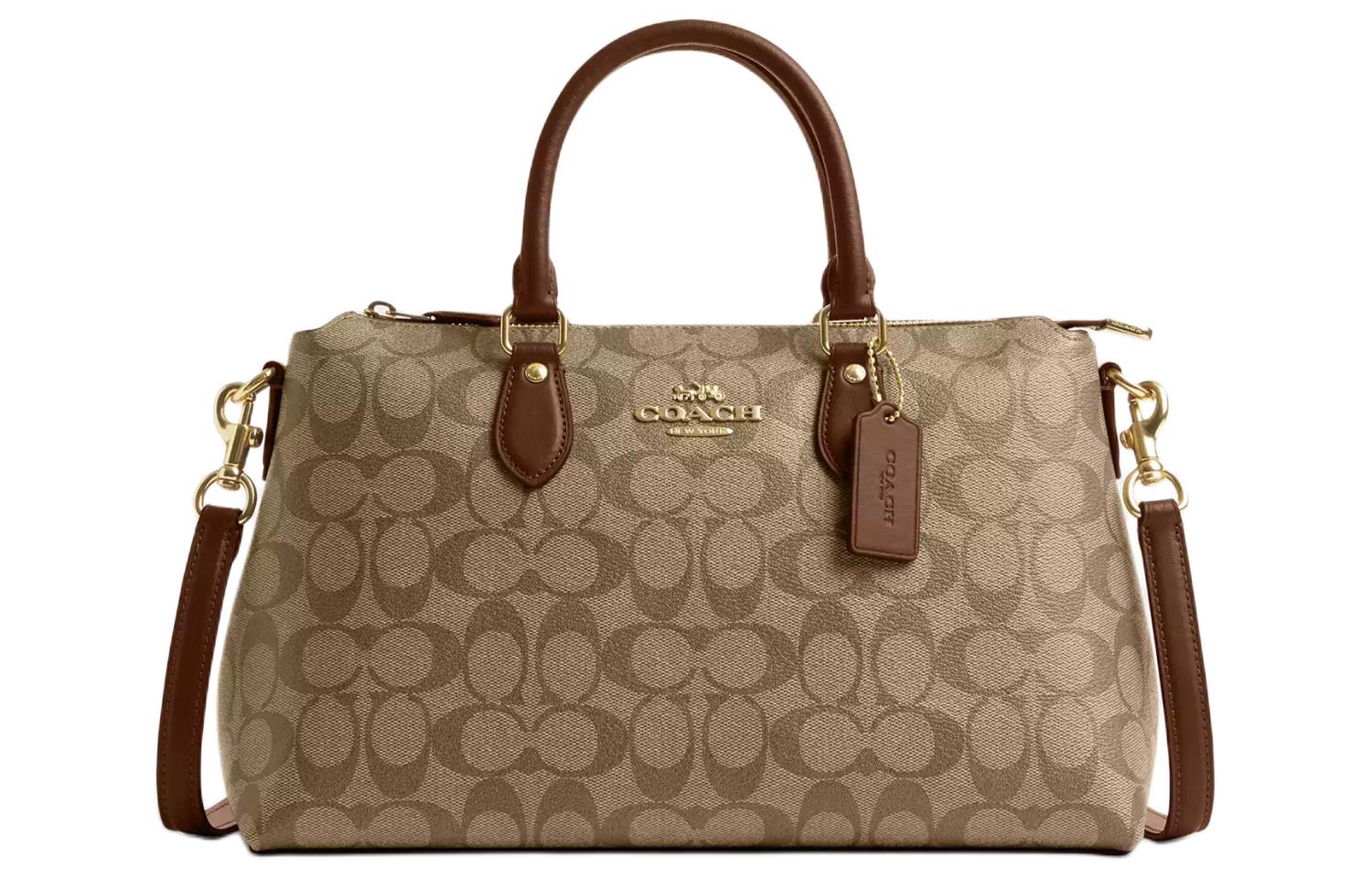 Плечевая сумка через плечо из лакированного холста с гладкой кожей женская цвета хаки и седло-коричневый COACH
Плечевая сумка через плечо из лакированного холста с гладкой кожей женская цвета хаки и седло-коричневый COACH