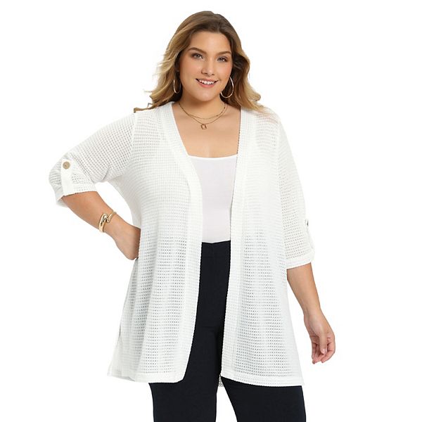 Плюс сайз женский кардиган с ажурной вязкой, 3/4 рукава, разрезами по бокам и запахом Grace & Grandeur, White
Плюс сайз женский кардиган с ажурной вязкой, 3/4 рукава, разрезами по бокам и запахом Grace & Grandeur, White