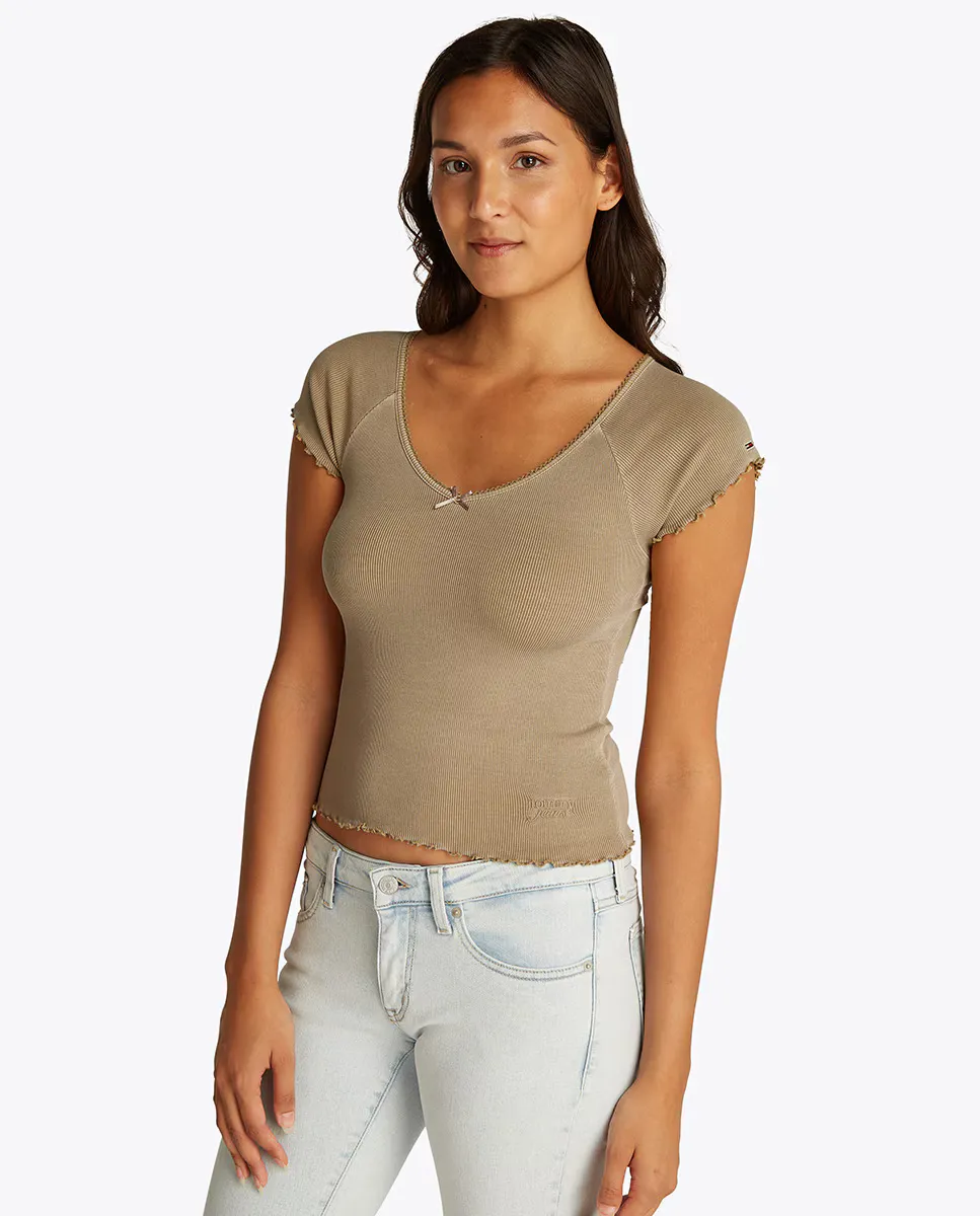 Женский топ в рубчик с V-образным вырезом Tommy Jeans, бежевый
Женский топ в рубчик с V-образным вырезом Tommy Jeans, бежевый