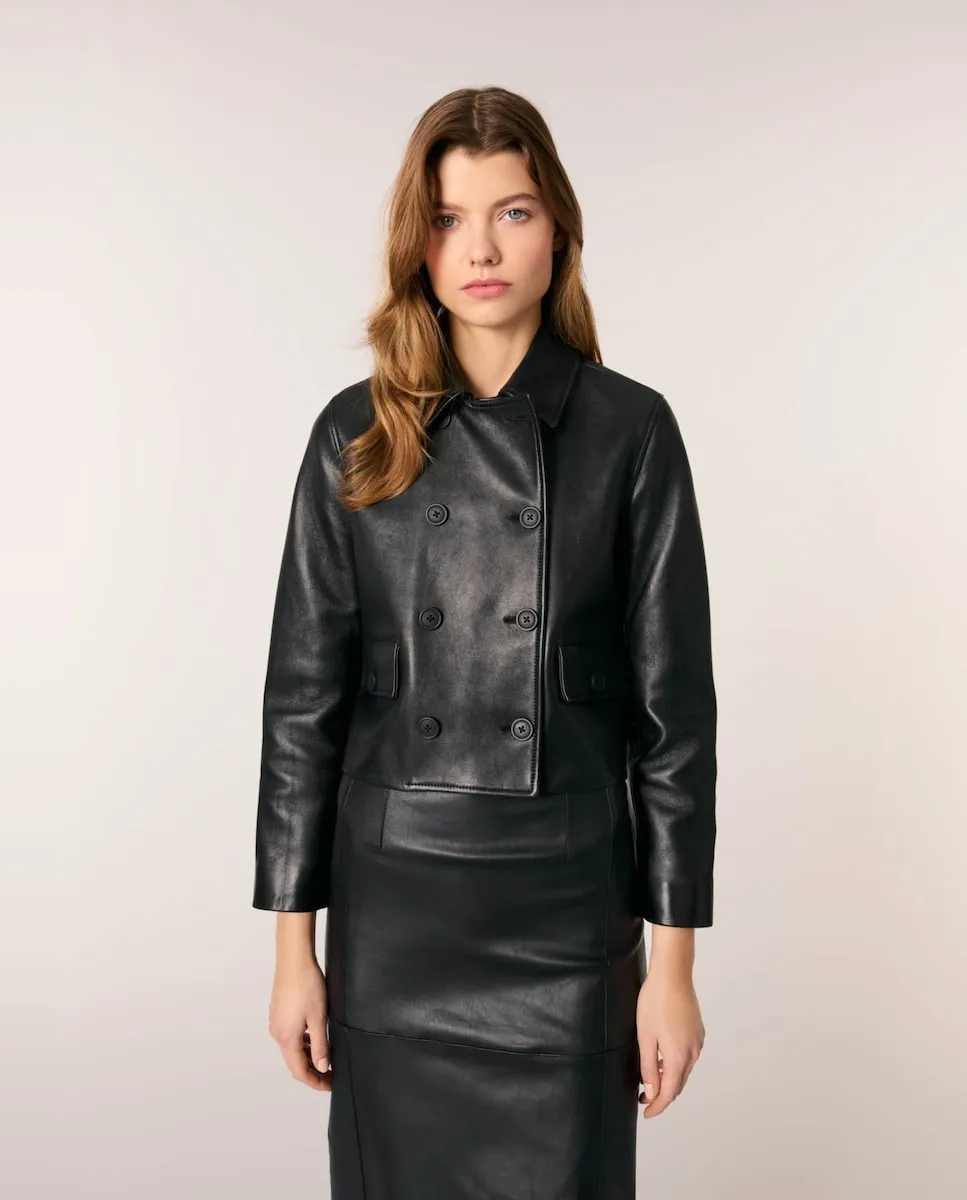 Короткая женская кожаная куртка Maje, черный 
Короткая женская кожаная куртка Maje, черный