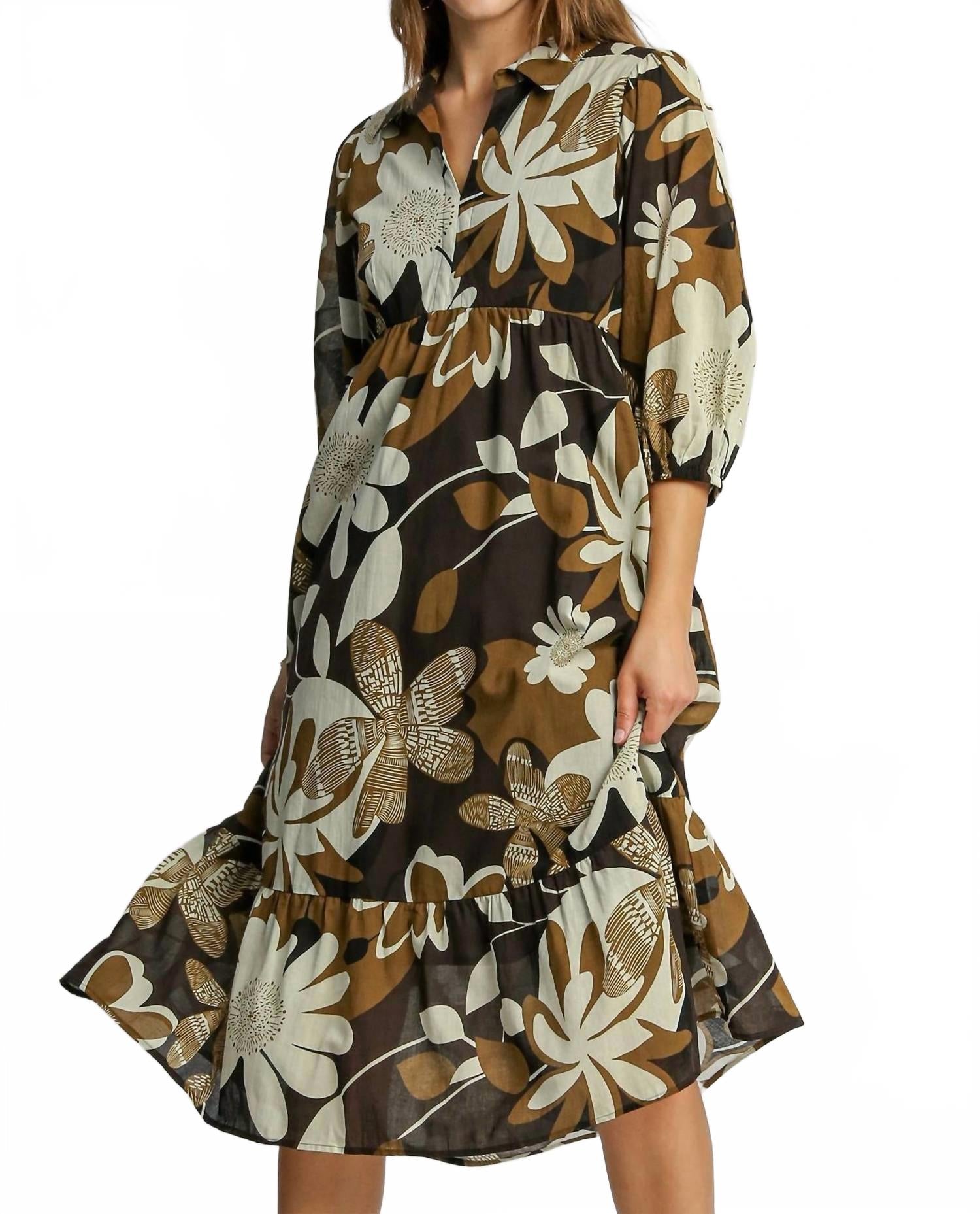 Изящное платье миди с цветочным принтом и воротником в коричневом цвете Umgee
Изящное платье миди с цветочным принтом и воротником в коричневом цвете Umgee