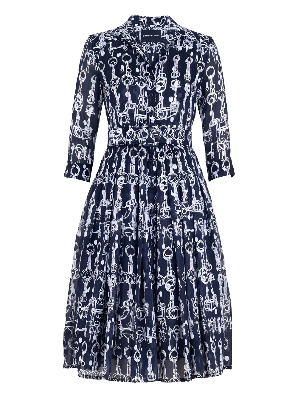 Платье Одри с поясом и принтом в виде цепочек Samantha Sung, синий 
Платье Одри с поясом и принтом в виде цепочек Samantha Sung, синий