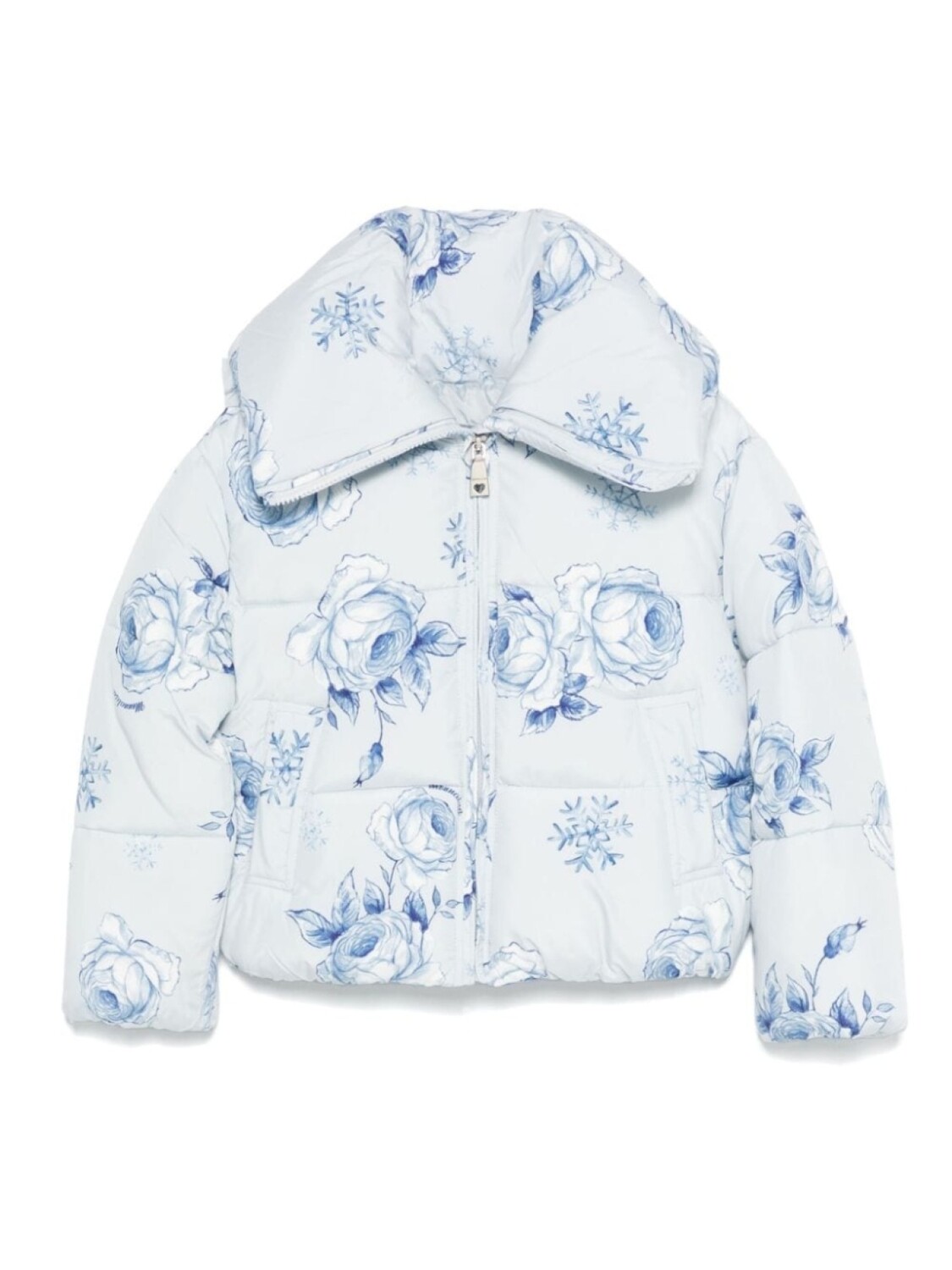 Пуховик Monnalisa с цветочным принтом, синий 
Пуховик Monnalisa с цветочным принтом, синий