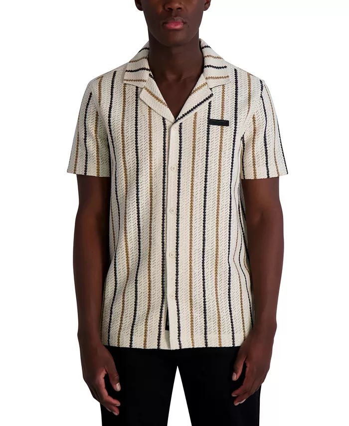 Мужская короткая рукавная рубашка с текстурными полосками и застежкой на пуговицы Camp Shirt KARL LAGERFELD PARIS, коричневый/бежевый 
Мужская короткая рукавная рубашка с текстурными полосками и застежкой на пуговицы Camp Shirt KARL LAGERFELD PARIS, коричневый/бежевый