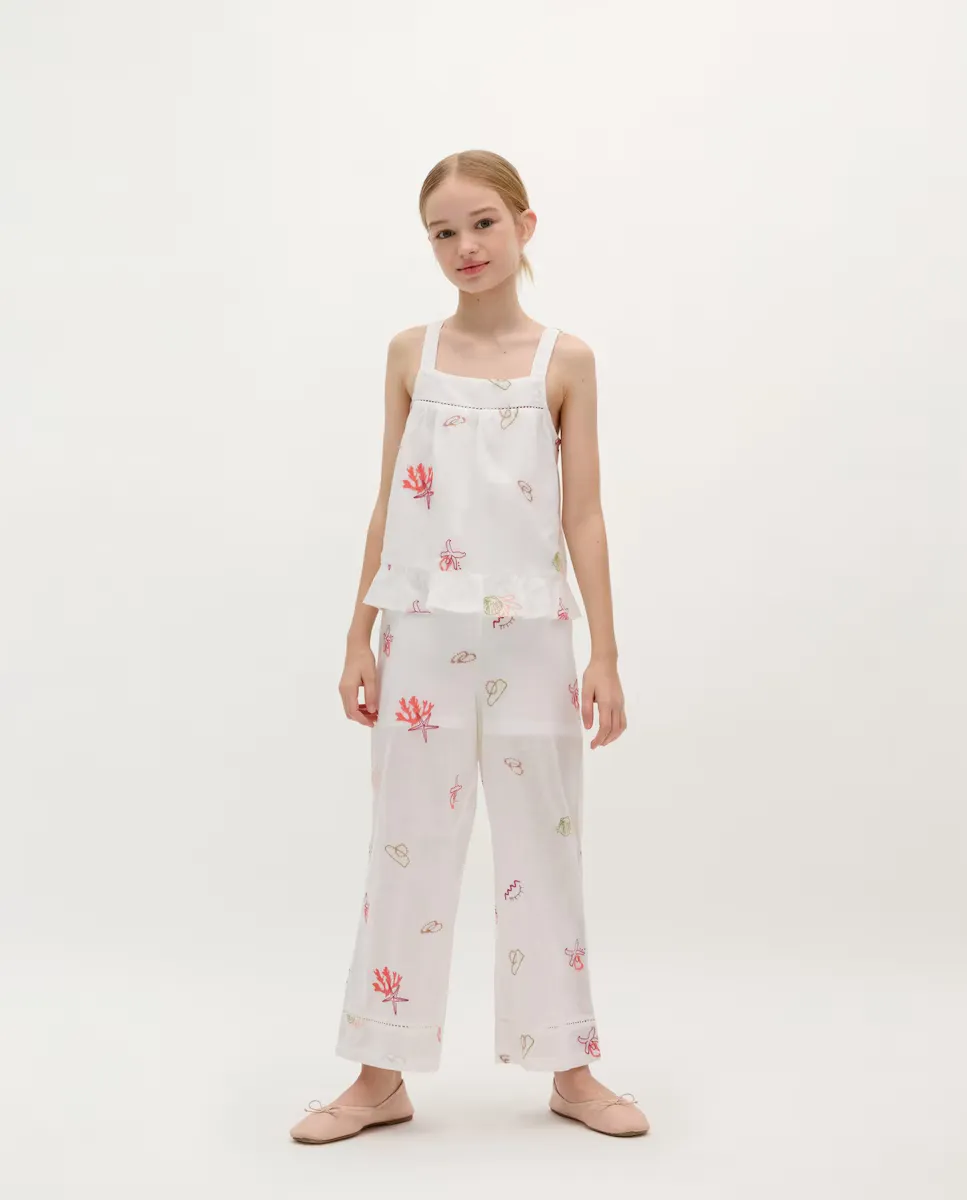 Брюки из хлопка для девочек с вышивкой Scalpers, белый 
Брюки из хлопка для девочек с вышивкой Scalpers, белый