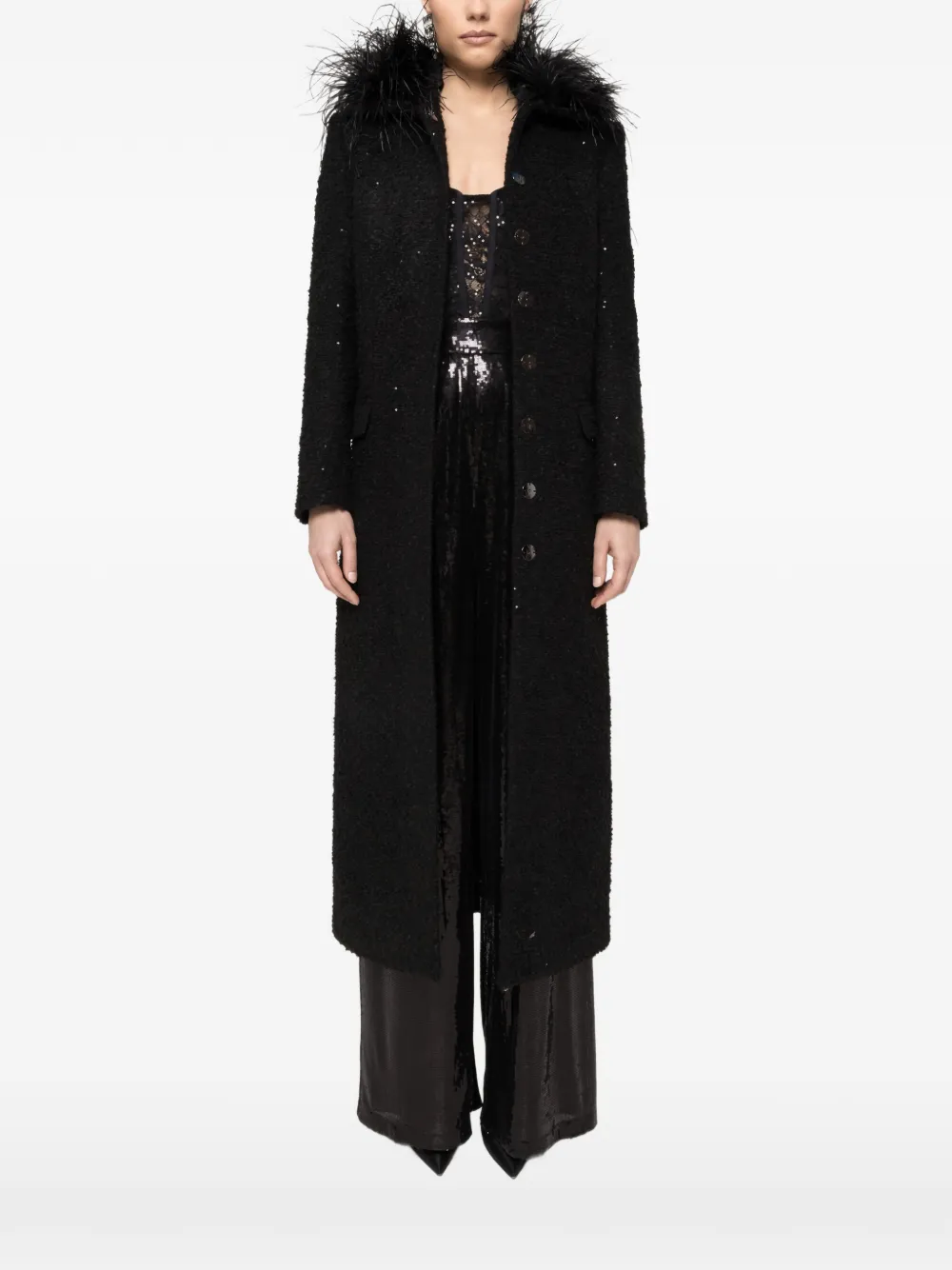 Буклированное пальто с отделкой из страусиных перьев Nissa, черный
Буклированное пальто с отделкой из страусиных перьев Nissa, черный