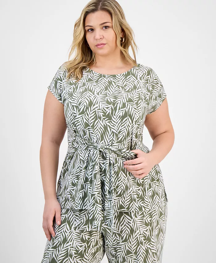 Топ с принтом, завязкой на талии и короткими рукавами Plus Size Kasper, зеленый 
Топ с принтом, завязкой на талии и короткими рукавами Plus Size Kasper, зеленый