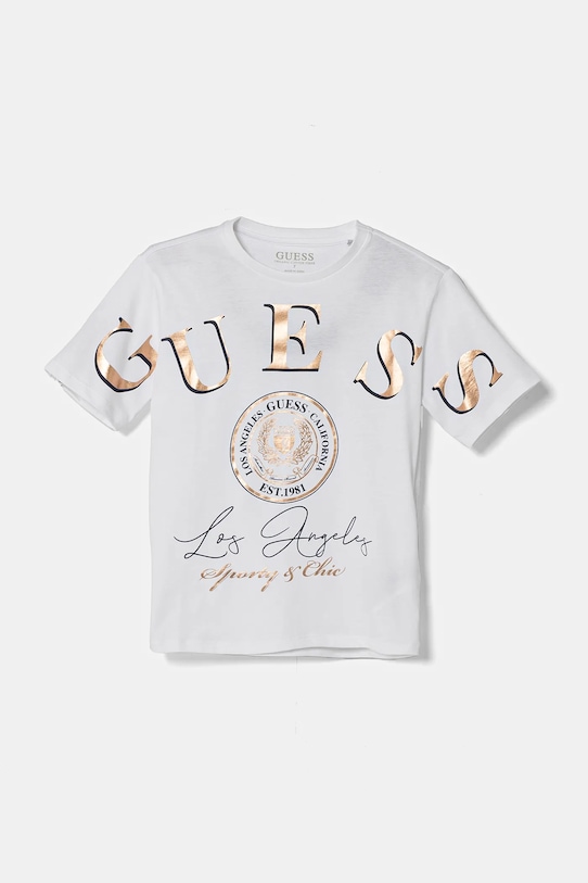 Детская хлопковая футболка Guess, белый 
Детская хлопковая футболка Guess, белый