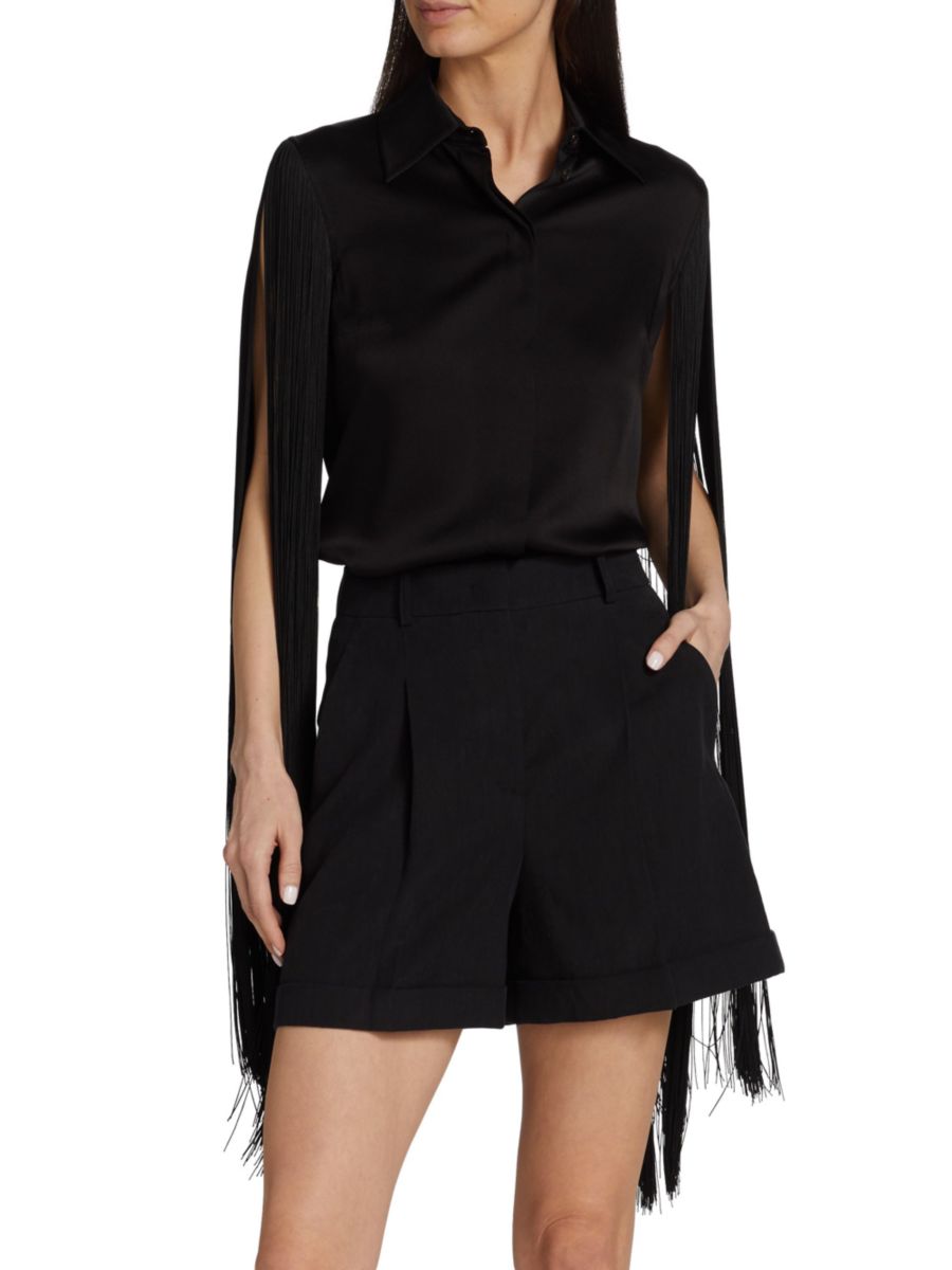 Рубашка из шармеза с бахромой Michael Kors Collection, черный 
Рубашка из шармеза с бахромой Michael Kors Collection, черный