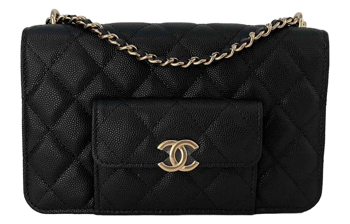 CHANEL Сумка через плечо на цепочке с карманом из личи грайн телячьей кожи трансформер женская черная