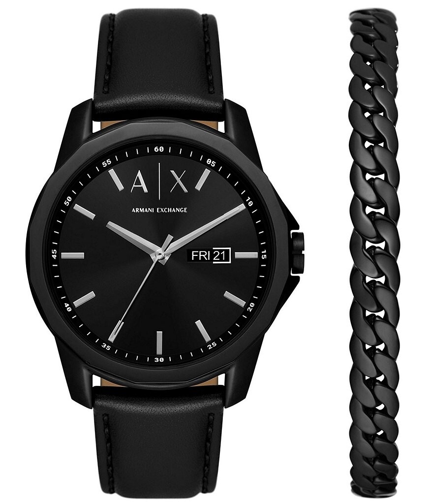 Набор мужских черных кожаных часов Armani Exchange с тремя стрелками Day-Date и черного браслета из нержавеющей стали, черный
Набор мужских черных кожаных часов Armani Exchange с тремя стрелками Day-Date и черного браслета из нержавеющей стали, черный