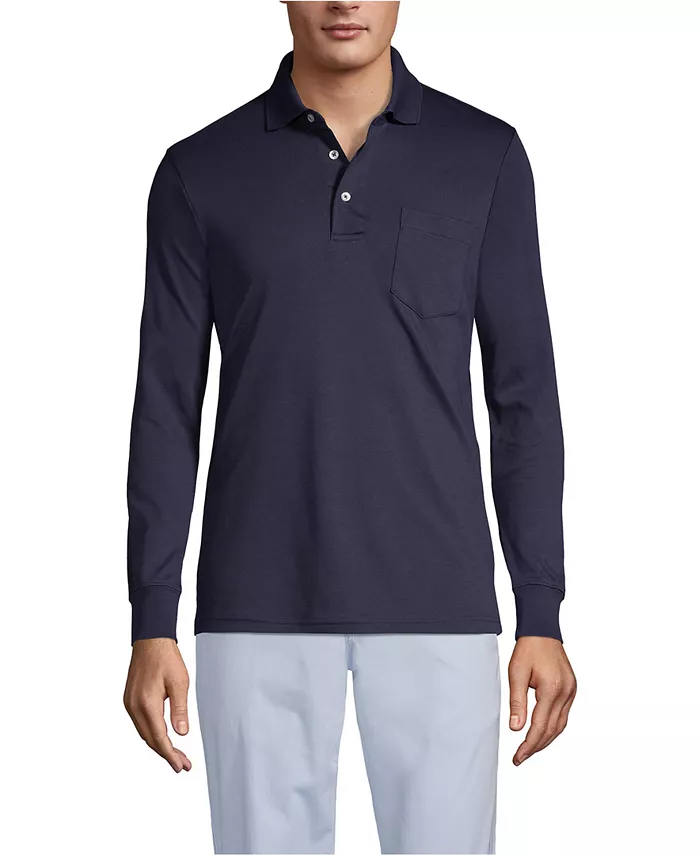 Мужская хлопковая поло с длинным рукавом из пима-хлопка с карманом Lands' End, синий 
Мужская хлопковая поло с длинным рукавом из пима-хлопка с карманом Lands' End, синий